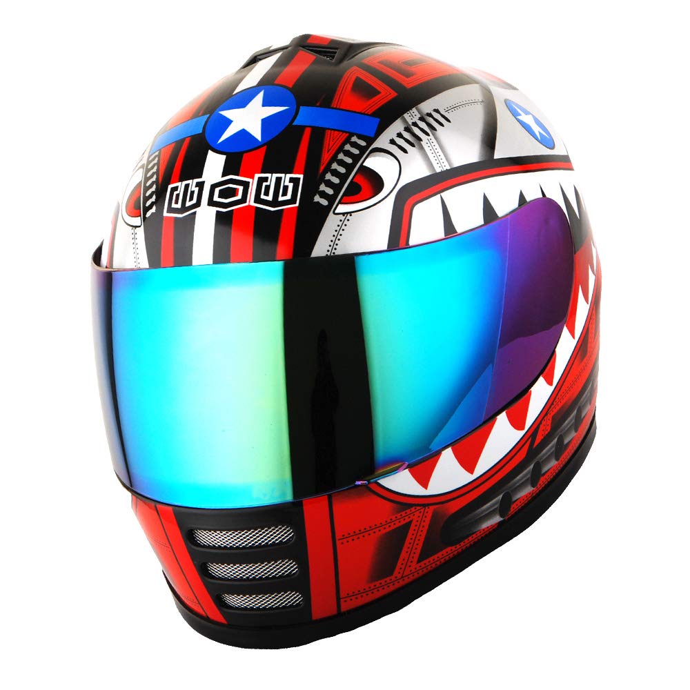 Wow Youth Motorcycle Full Face Helmet Street Bike Bmx Mx Kids Shark Red + Mx Skeleton Glove Bundle