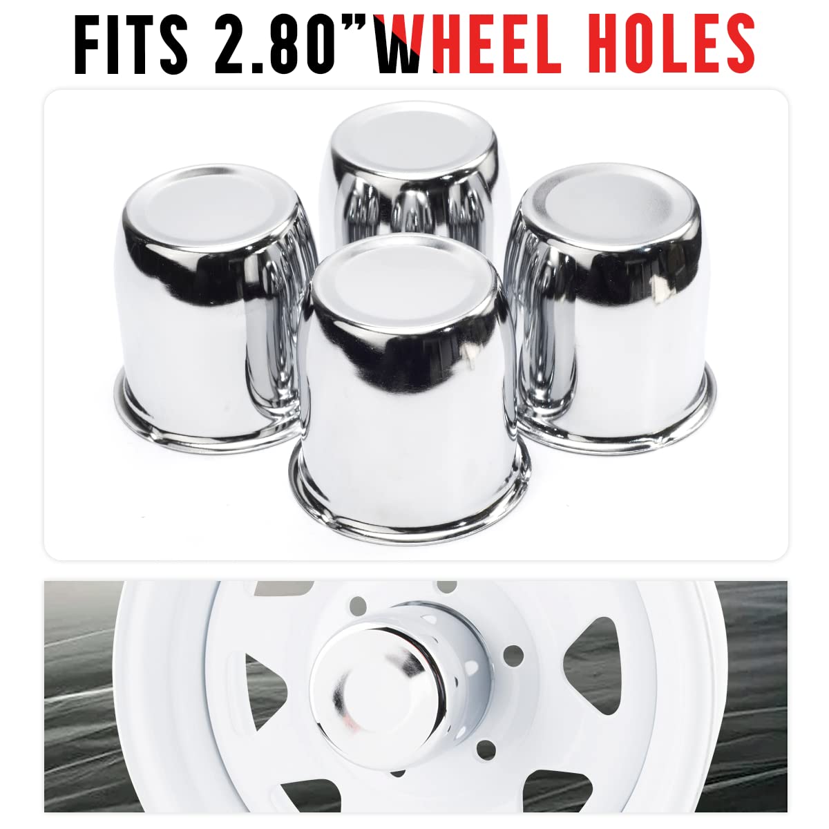 Rtrhinotuning 2.80'' Hub 2.91'' H Push Through Center Caps For Trailers Trucks Wheel Rims 4 Pack Chrome Hub Covers