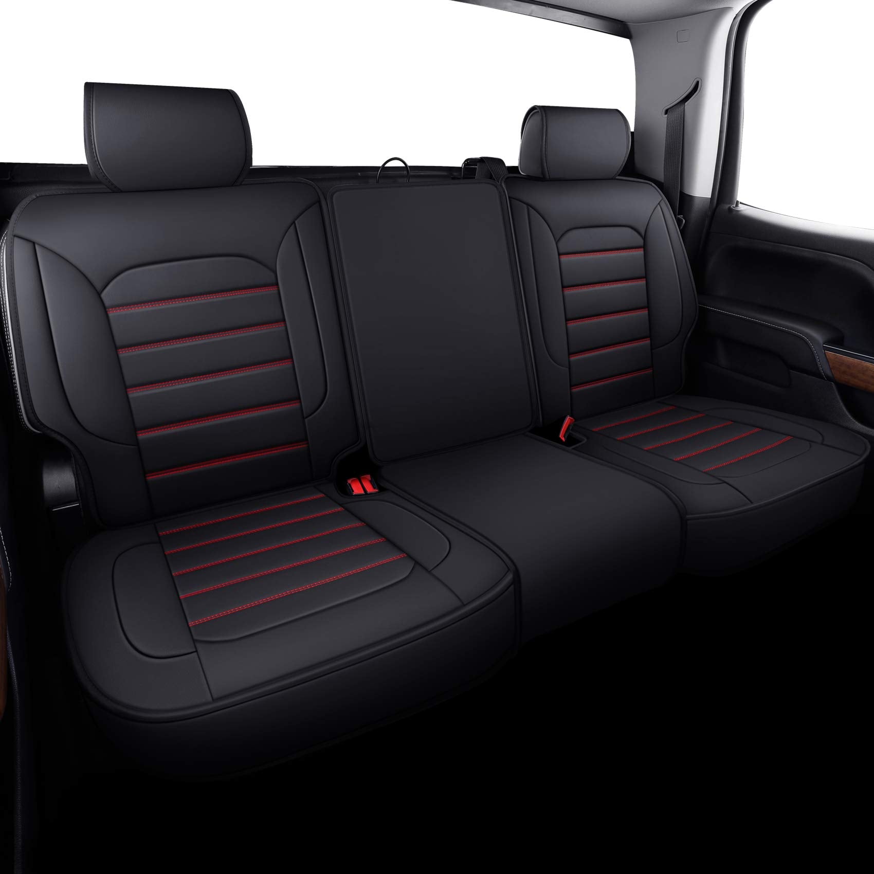 Luckyman Club Bench Silverado Seat Covers Fit For 2007-2023 Sierra Chevy Silverado 1500/2500 Hd / 3500 Hd Crew,Double,Extended Cab With Water Proof Faux Leather (Black & Red Rear Covers)