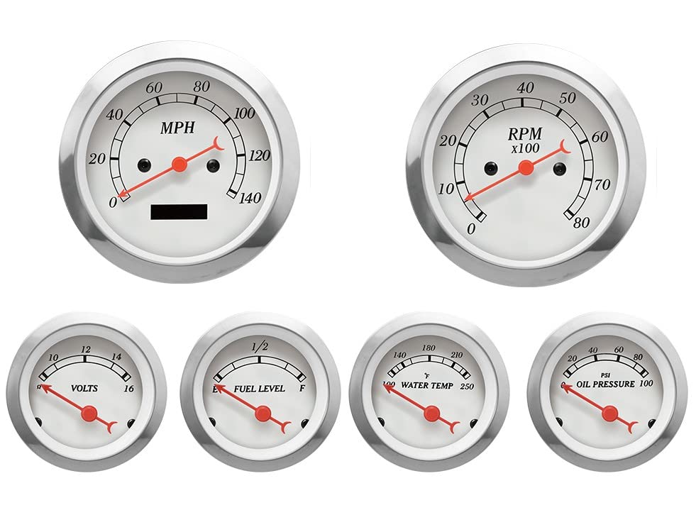 MOTOR METER RACING Classic 6 Gauge Set with ECU Based Electrical Speedometer Digital Odometer White Dial Red Needle Light Bulb I