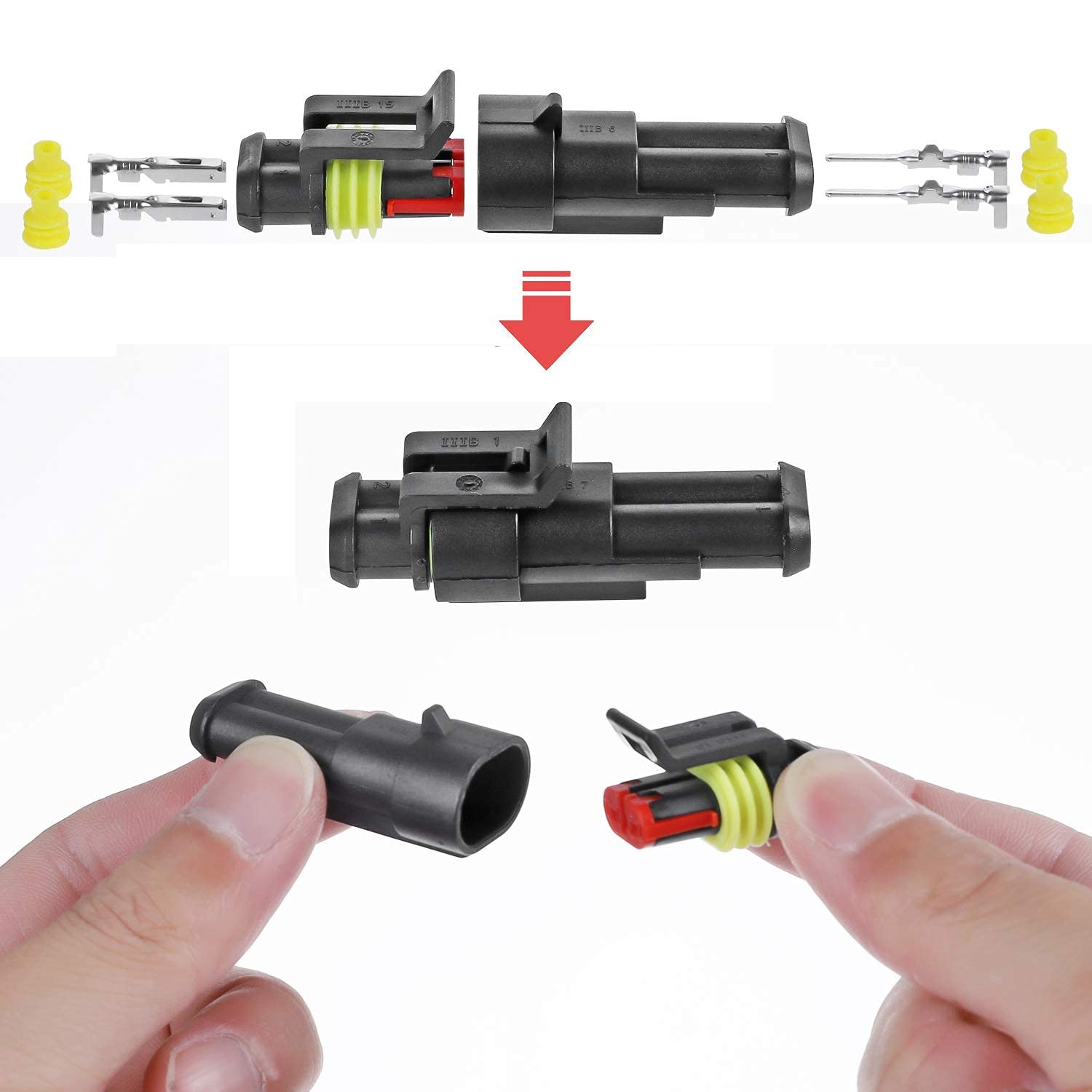 ZUOZE 10 Kit 2 Pin Connector, 20-16 AWG Waterproof Electrical Automotive Wire Connector, 1.5mm Series Terminals Male Female Car