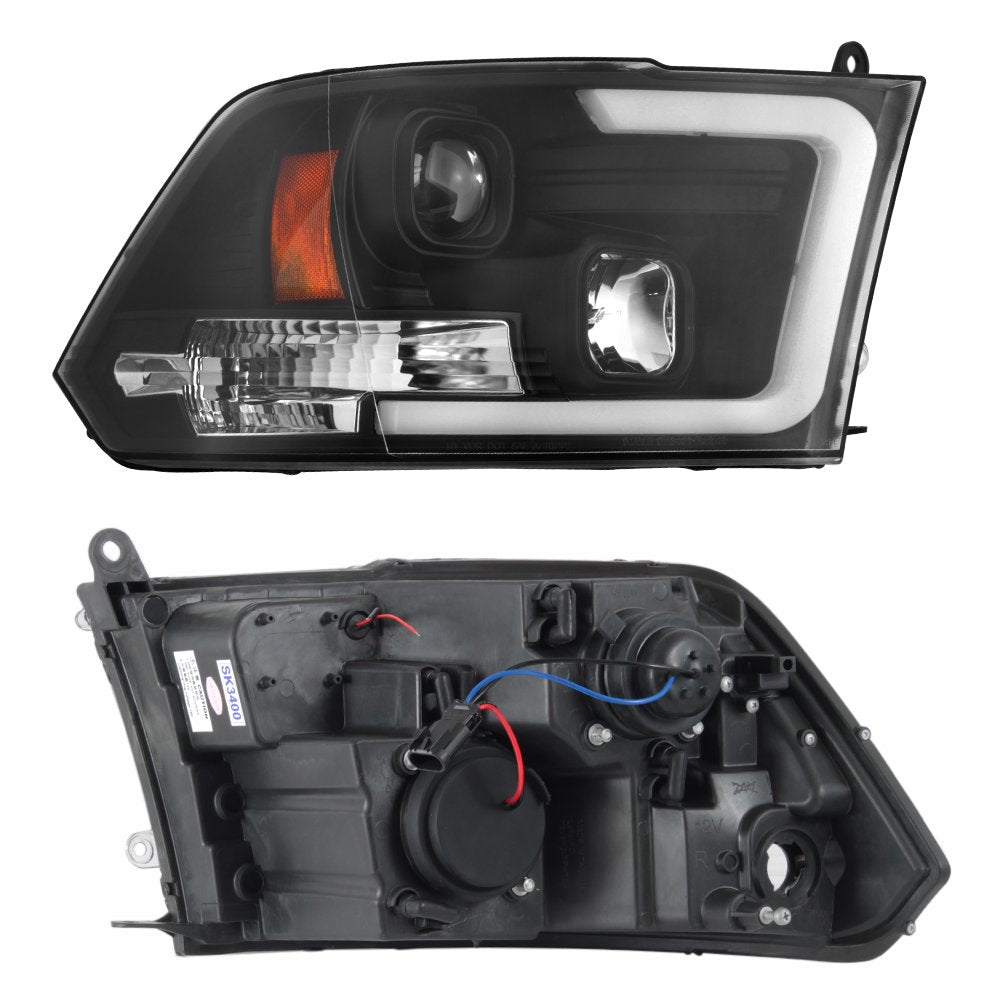 AKKON LED Tube Black Projector Headlights for 2009-2018 Dodge Ram 1500 2500 3500 Truck - Left & Right Replacement