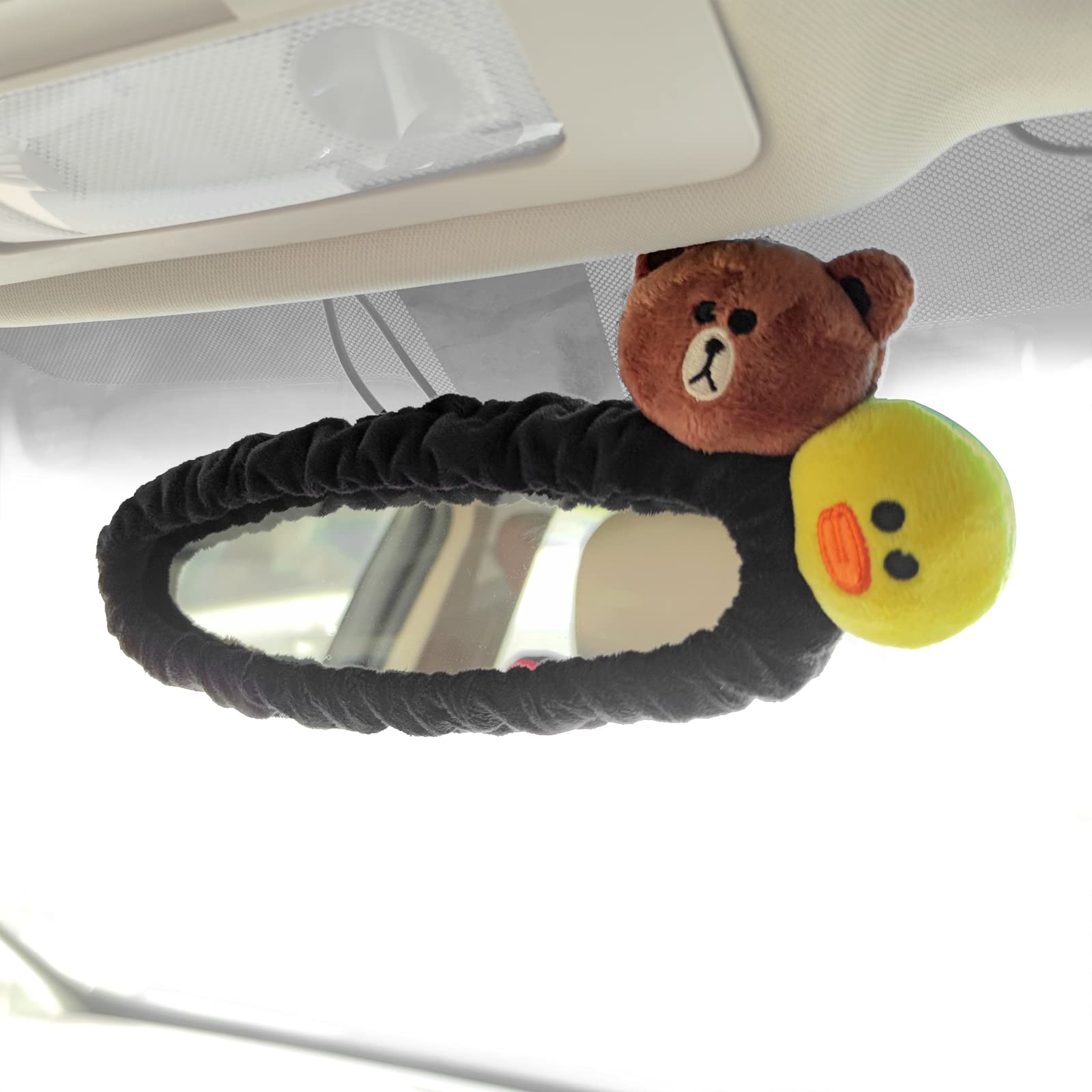 Tianmei Car Inside Rearview Mirror Cover Accessories with Cute Cartoon Doll Decor Interior Trim for Women (Bear Duck-Black)