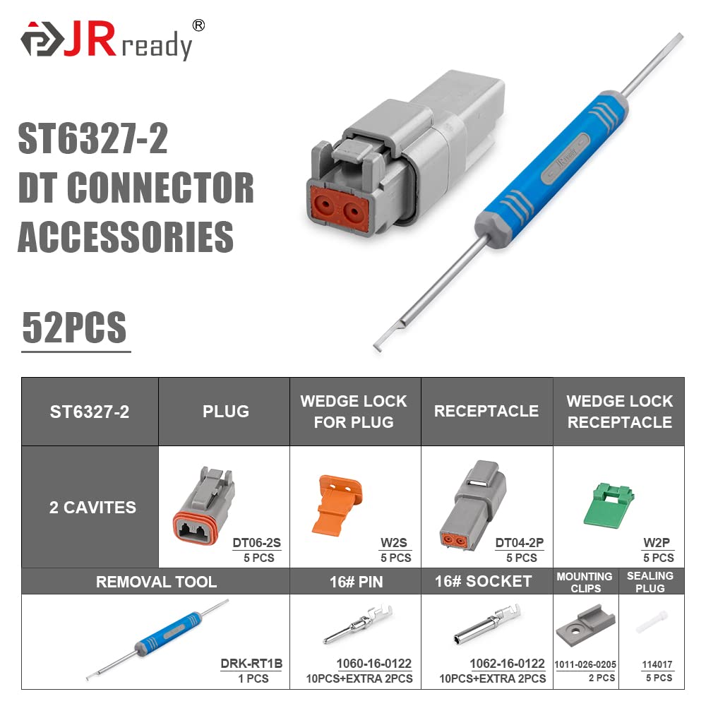 Jrready St6327-2 Deutsch 2 Pin Dt Connector Kit, Gray Waterproof Dt Connector 2 Pin(5 Set), Size 16 Stamped Contacts, Seal Plugs