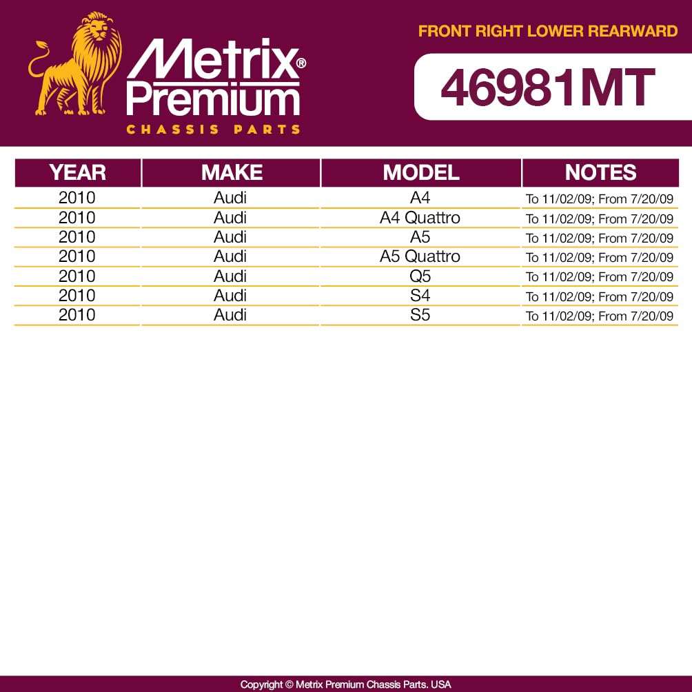 Metrix Premium Chassis Parts - Front Right Lower Rearward Control Arm W Ball Joint & Bushing Assembly Fits 2010 Audi A4, A4 Quat