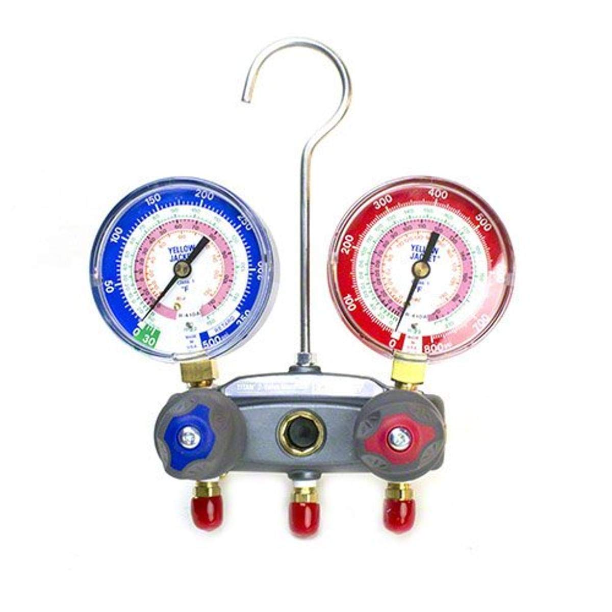 Yellow Jacket 49863 Manifold with Red/Blue Gauges, psi Scale, R22/404A/410A Refrigerant