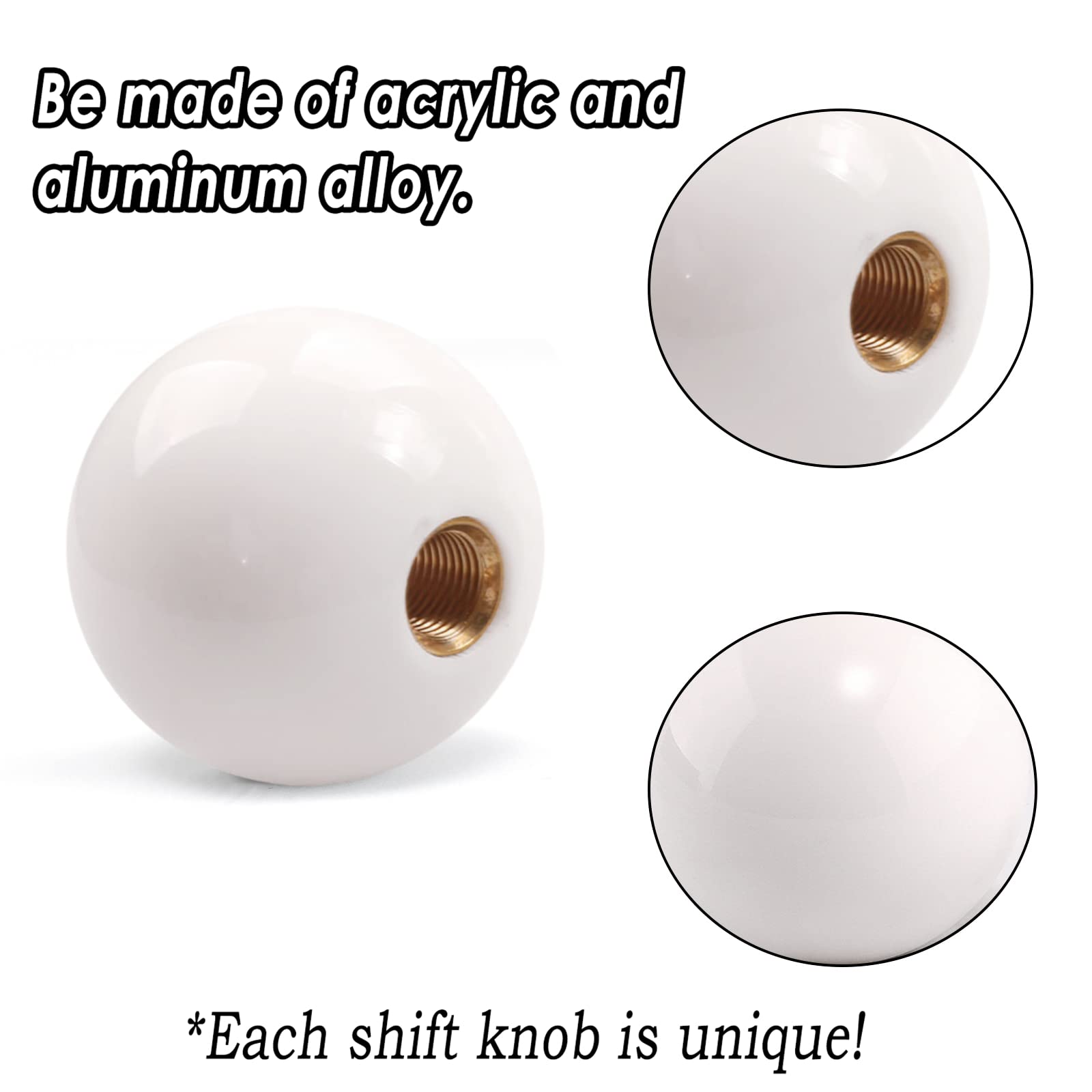 YIUIY Round Ball Shift Knob - Universal 5/6 Speed Gear Shift Knob, Acrylic, Pure White, Manual & Automatic Vehicle Adapters
