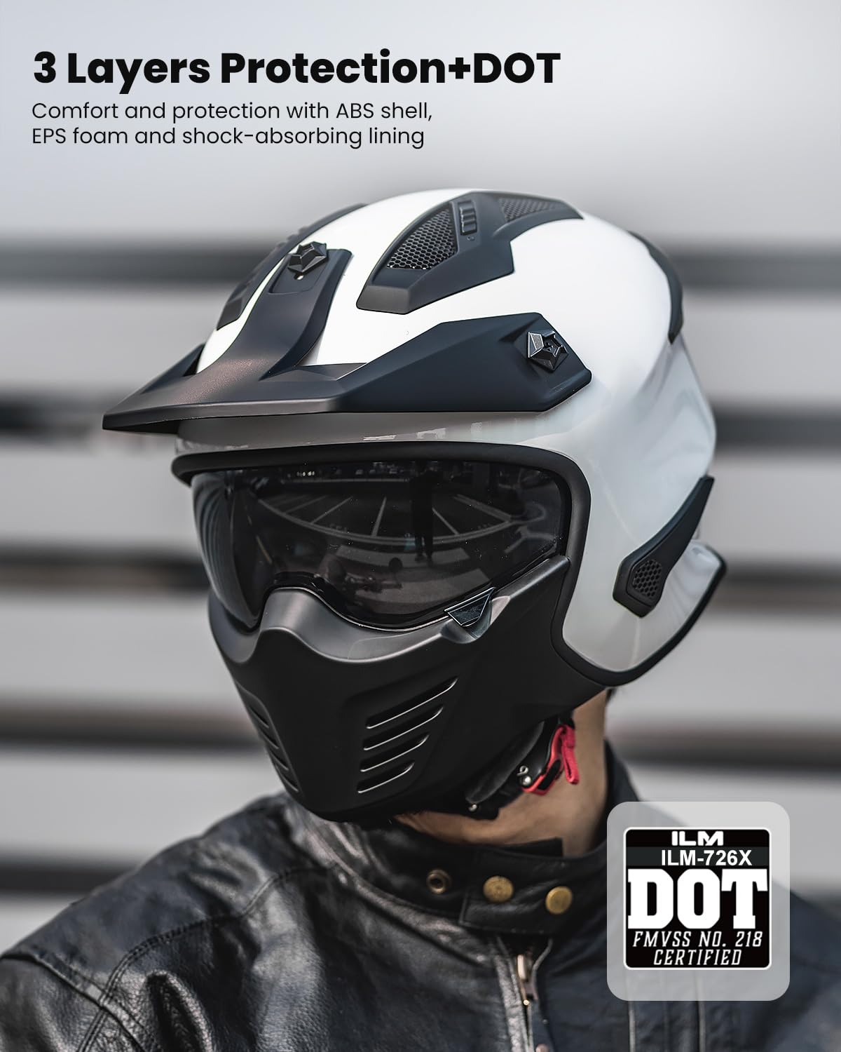 Ilm Open Face Motorcycle 3/4 Half Helmet For Dirt Bike Moped Atv Utv Motocross Cruiser Scooter Dot Model 726X (White,S)