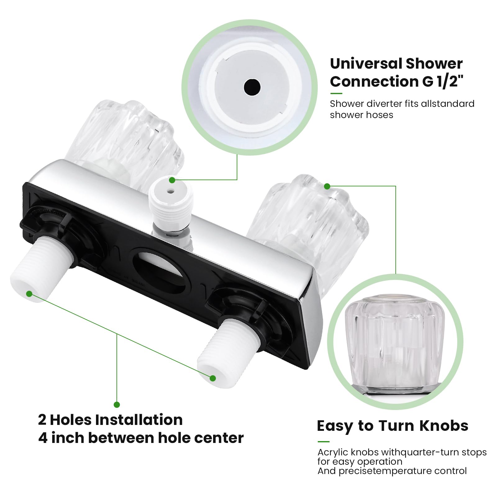 RV Shower Faucet, Dual-Handle Camper Shower Faucet with Acrylic Knobs, 4'' RV Shower Valve Diverter, RV Outdoor Shower for RV, C
