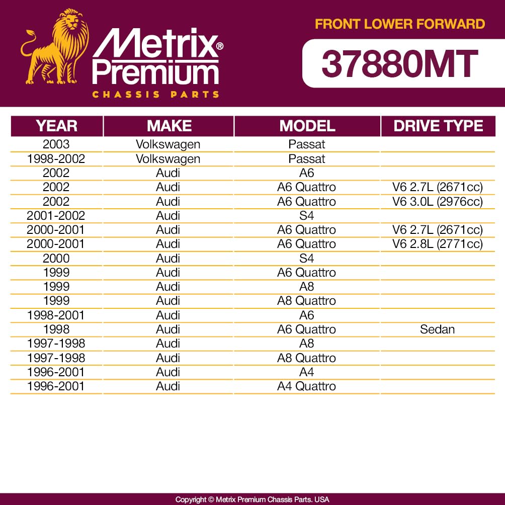 Metrix Premium Chassis Parts - Front Lower Forward Control Arm W Ball Joint & Bushing Assembly Fits 98-03 Volkswagen Passat, 02