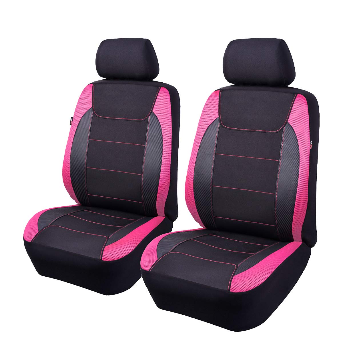 Flying Banner Car Seat Covers Quality Carbon Fiber Faux Leather Mesh Fabric Sport Low High Back Bucket Back Pocket Arm Rest Car Suv Truck Pick Up (2 Fronts - Low Bucket, Pink)
