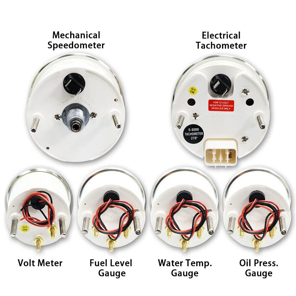 MOTOR METER RACING Classic 6 Gauge Set with Mechanical Speedometer Analog Odometer White Dial Red Needle Light Bulb Illumination