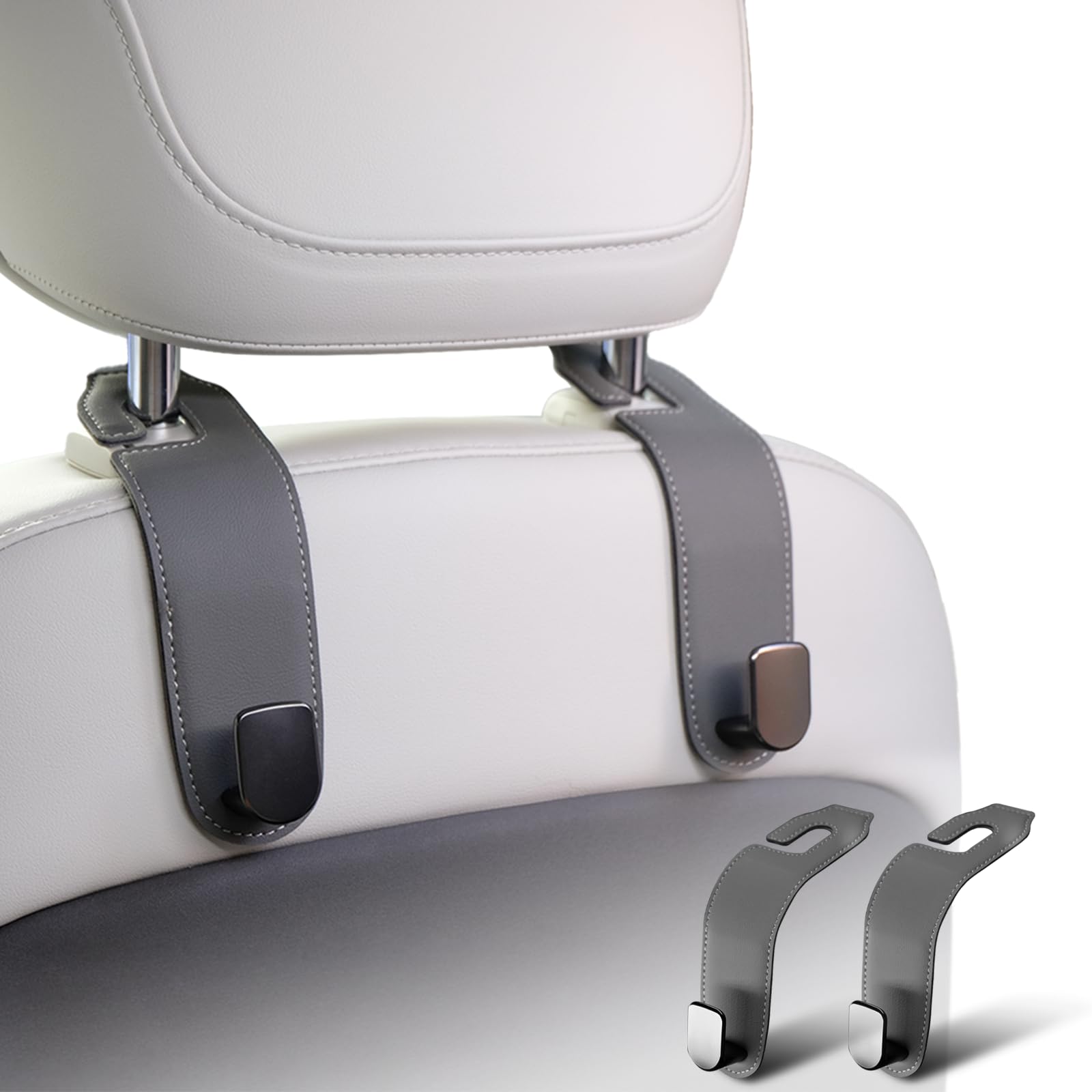 Ompellus Car Headrest Hook, 2 Pack Leather Car Seat Hooks for Purses and Bags, Car Organization Accessories (Grey)