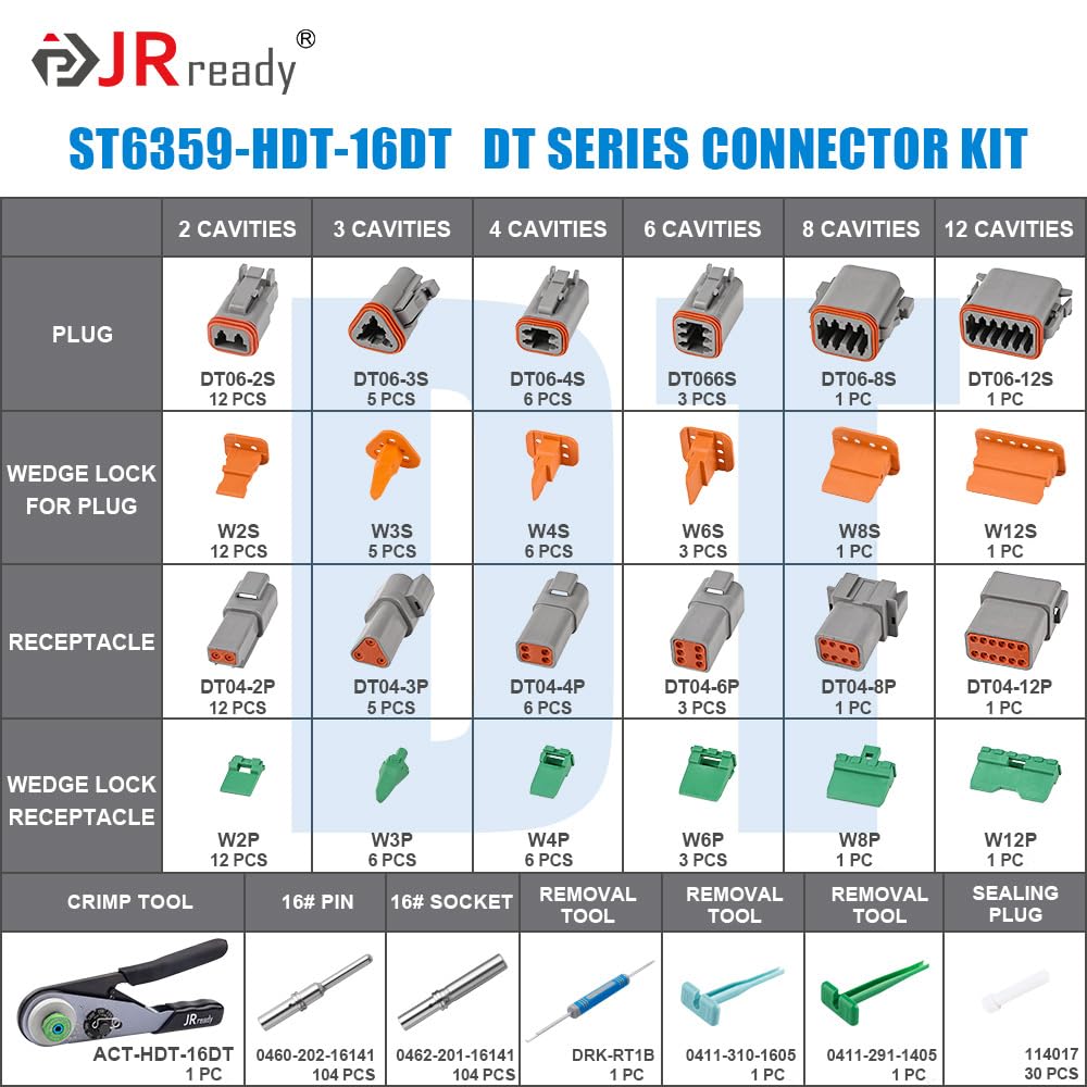 JRready ST6359 Deutsch Connector Kit - 2, 3, 4, 6, 8, 12 Pin DT Connectors, 16-20AWG, Waterproof Automotive Electrical