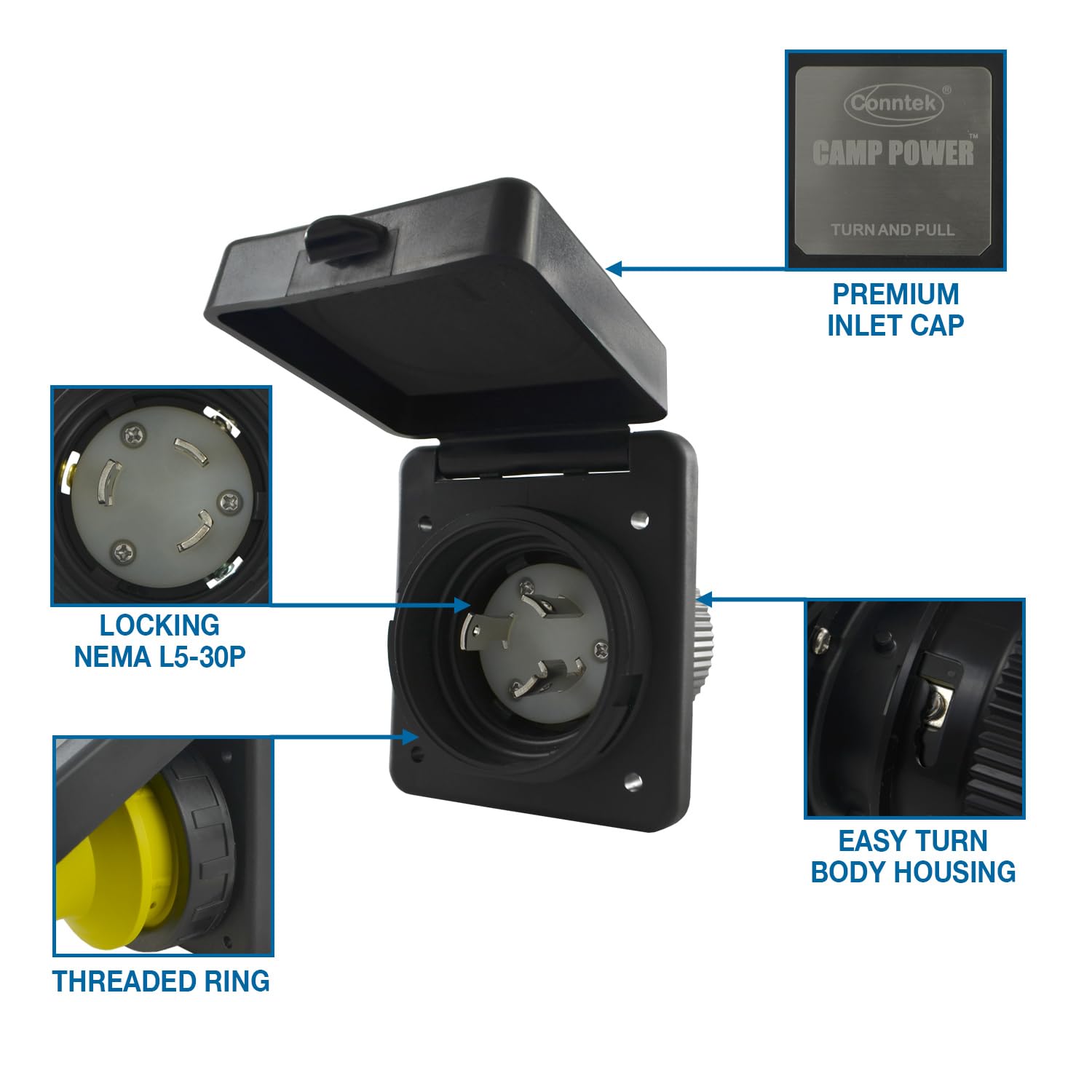 Conntek 30 Amp 125 Volt RV Marine Power Inlet - Black, Model 803EZ-A-SQBK
