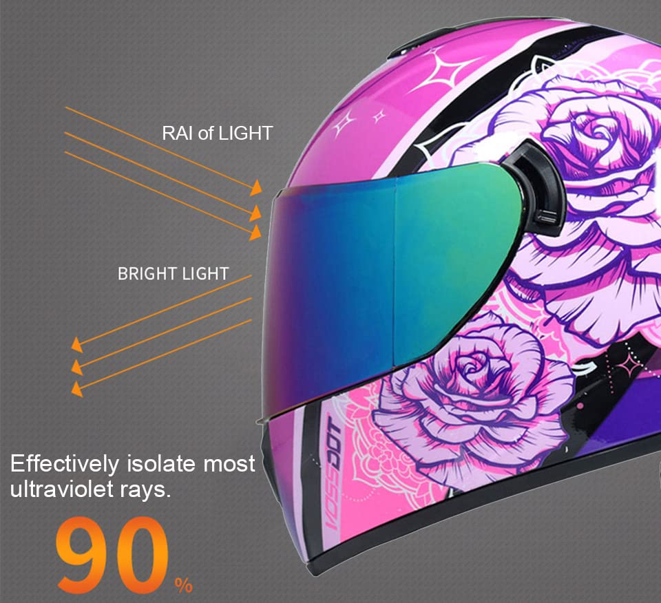 TRIPERSON Full Face Motorcycle Helmet DOT Approved, Large, Rose Color Mirror, ABS Material for Men and Women