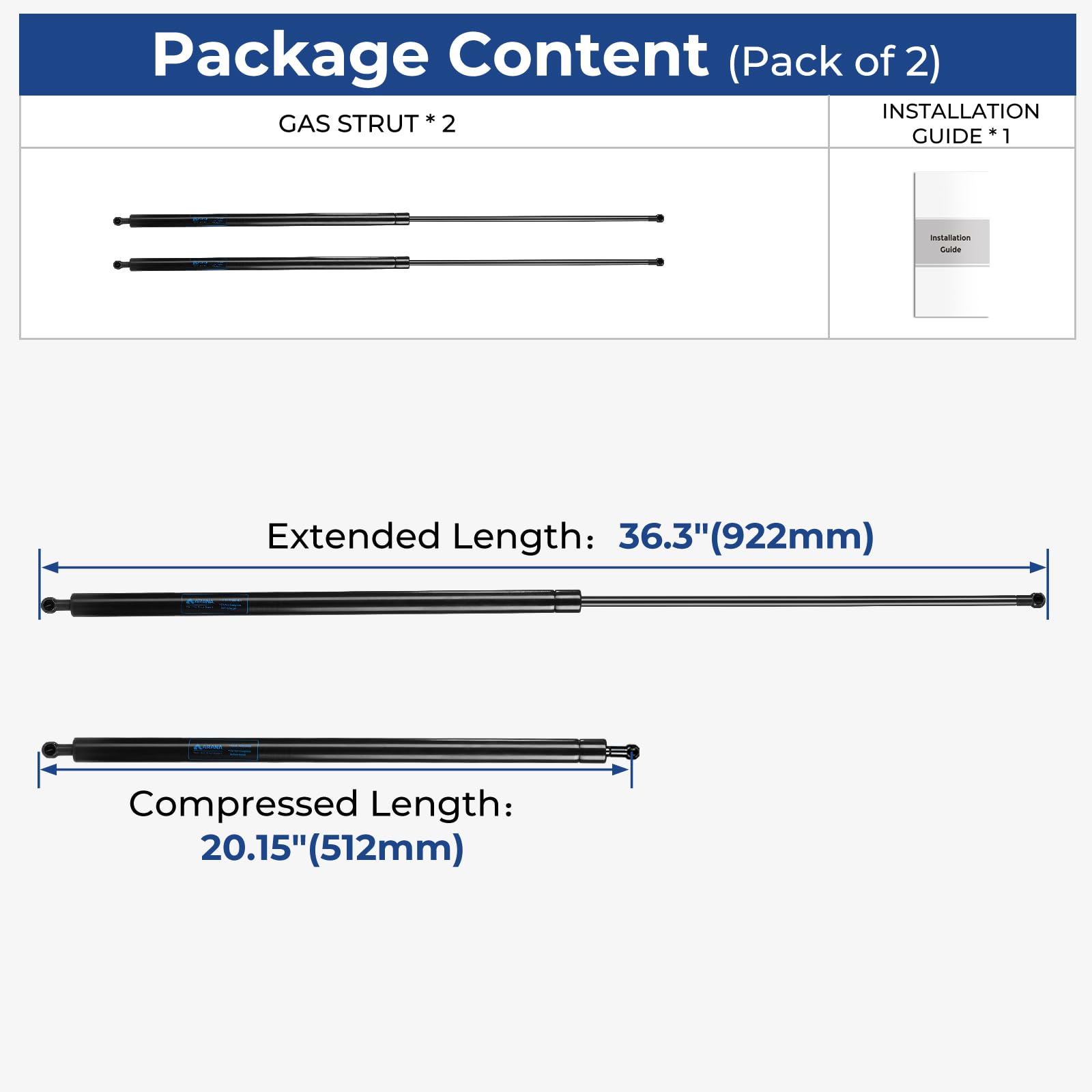 ARANA C16-19225 Gas Struts 150LB Shock Springs, 36" Lift Support, Black, Carbon Steel, 2Pcs for Heavy Duty Lid Truck Tonneau Bed Cover