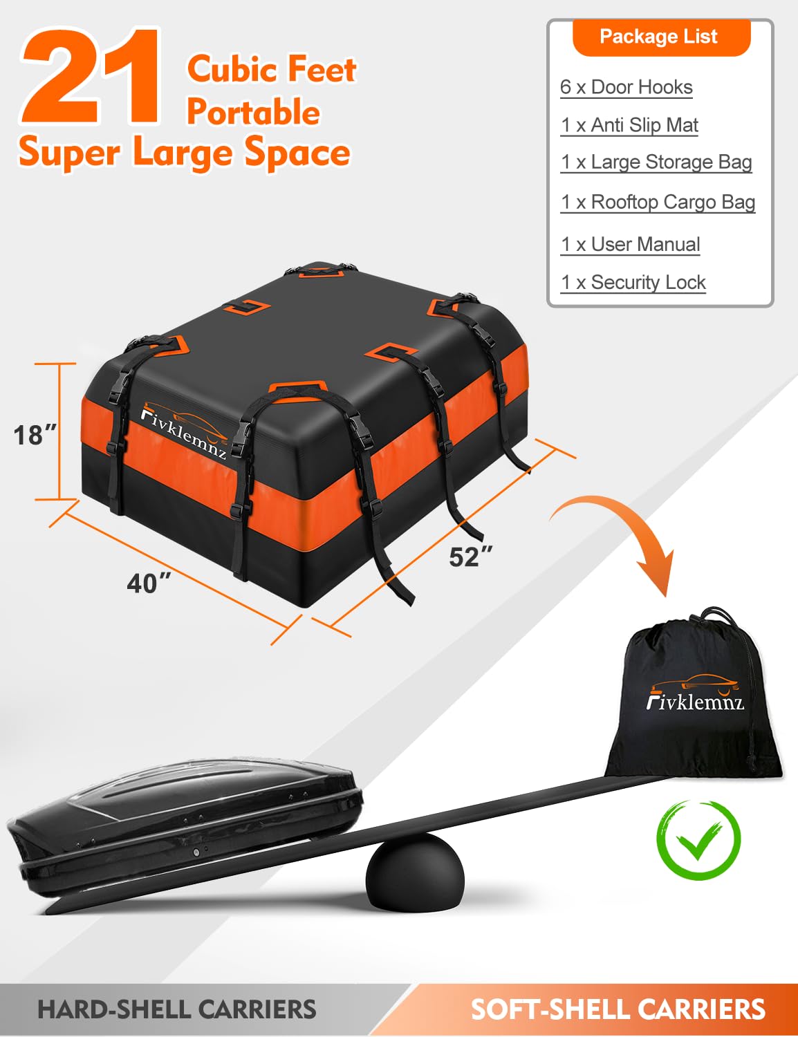 FIVKLEMNZ Rooftop Cargo Carrier - 21 Cubic Feet Waterproof Bag, Oxford Cloth, Upgrade Version, Includes Anti-Slip Mat & Reinforced Straps