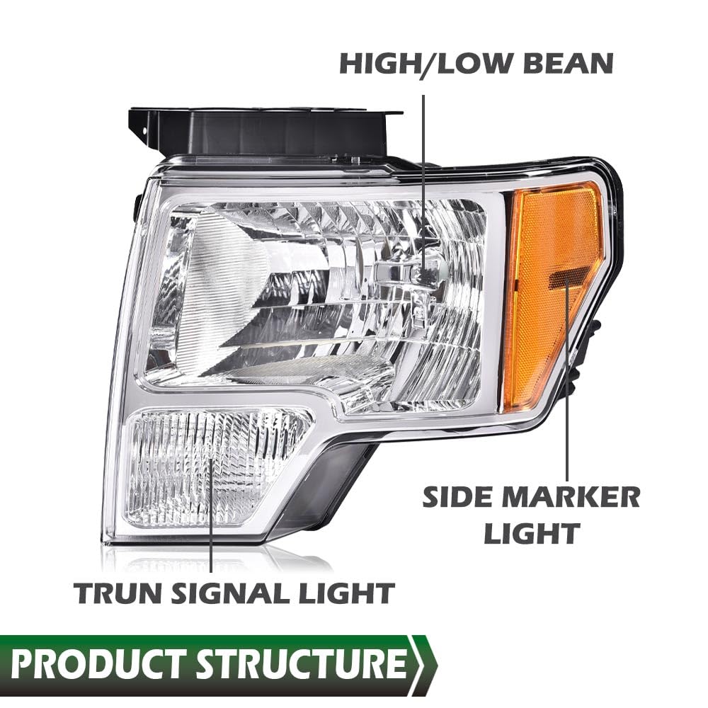 GRAND ORANGE Headlights Assembly for 2009-2014 Ford F150, Clear Lens, Chrome Housing, Amber Reflector, Driver & Passenger Side