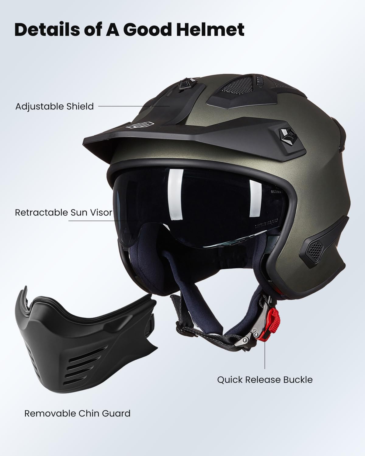 ILM Open Face 3/4 Motorcycle Helmet DOT Model 726X, XX-Large, Midnight Green, ABS Material, Ideal for Dirt Bike, ATV, UTV, Scooter