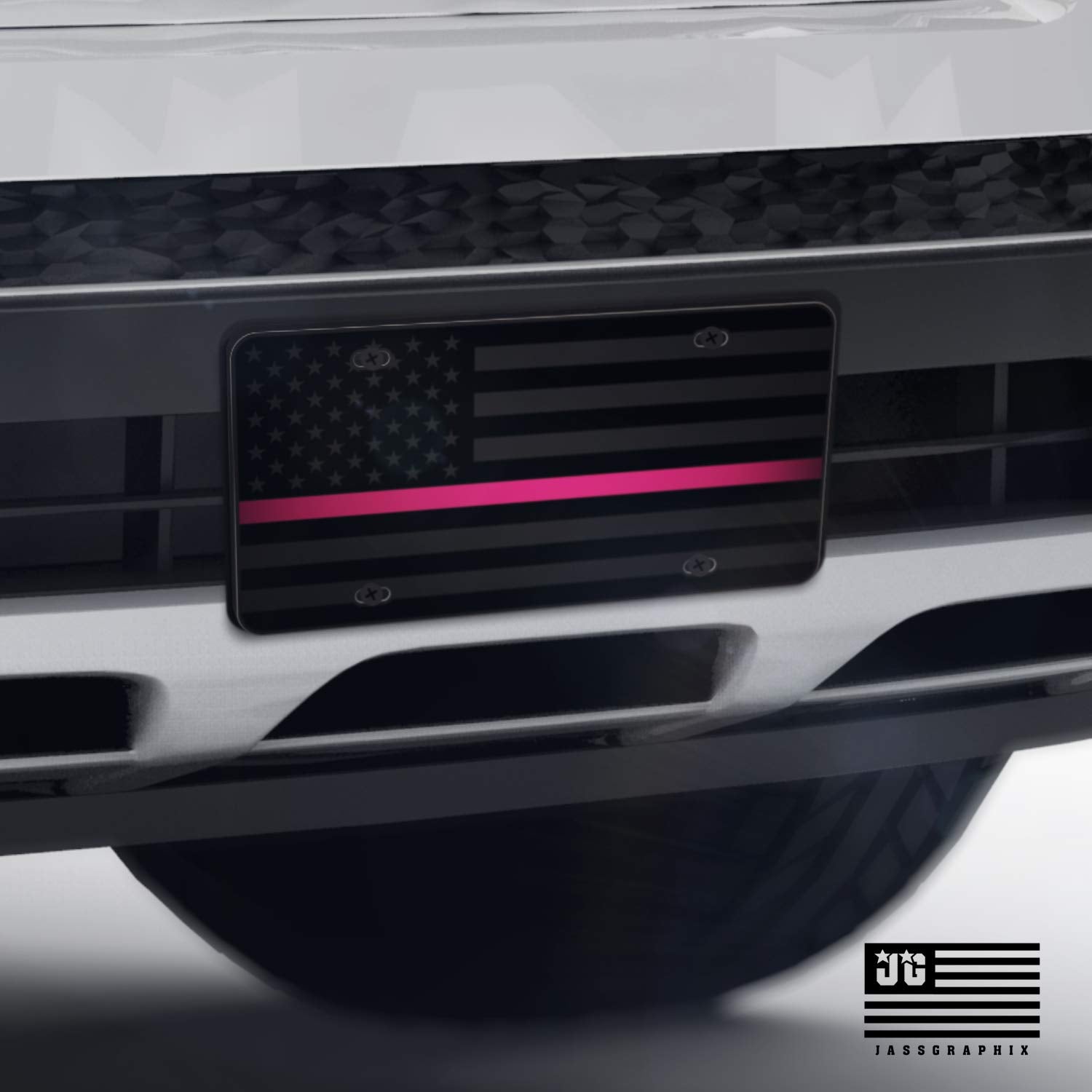 Jass Graphix Thin Pink Line Almost Invisible American Flag License Plate Breast Cancer Awareness Matte Black On 1/8'' Black Alum