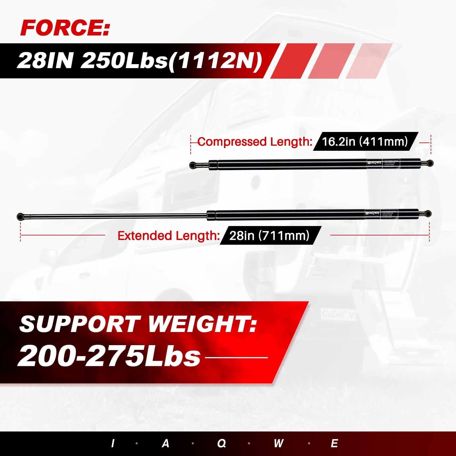 Iaqwe 28 Inch 250Lb/1112N Gas Struts St280M250-W Shock Spring Lift Support For Tonneau Cover Heavy Duty Trailer Cap Camper Windo