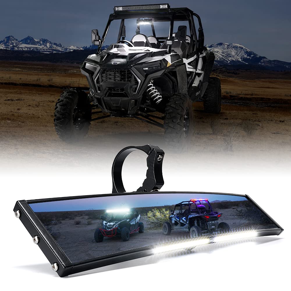 Xprite 13'' Aluminum UTV Rear View Center Mirror w/Interior Lights, Curved Rearview Mirror fits 1.75'' - 2'' Mount for Polaris R