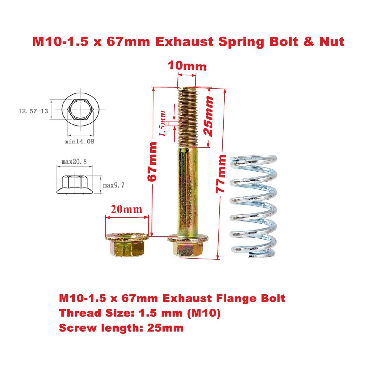 Rwraps Exhaust Spring Bolt & Nut Hardware Kit, M10-1.5x67mm, Mild Steel, 2-Pack