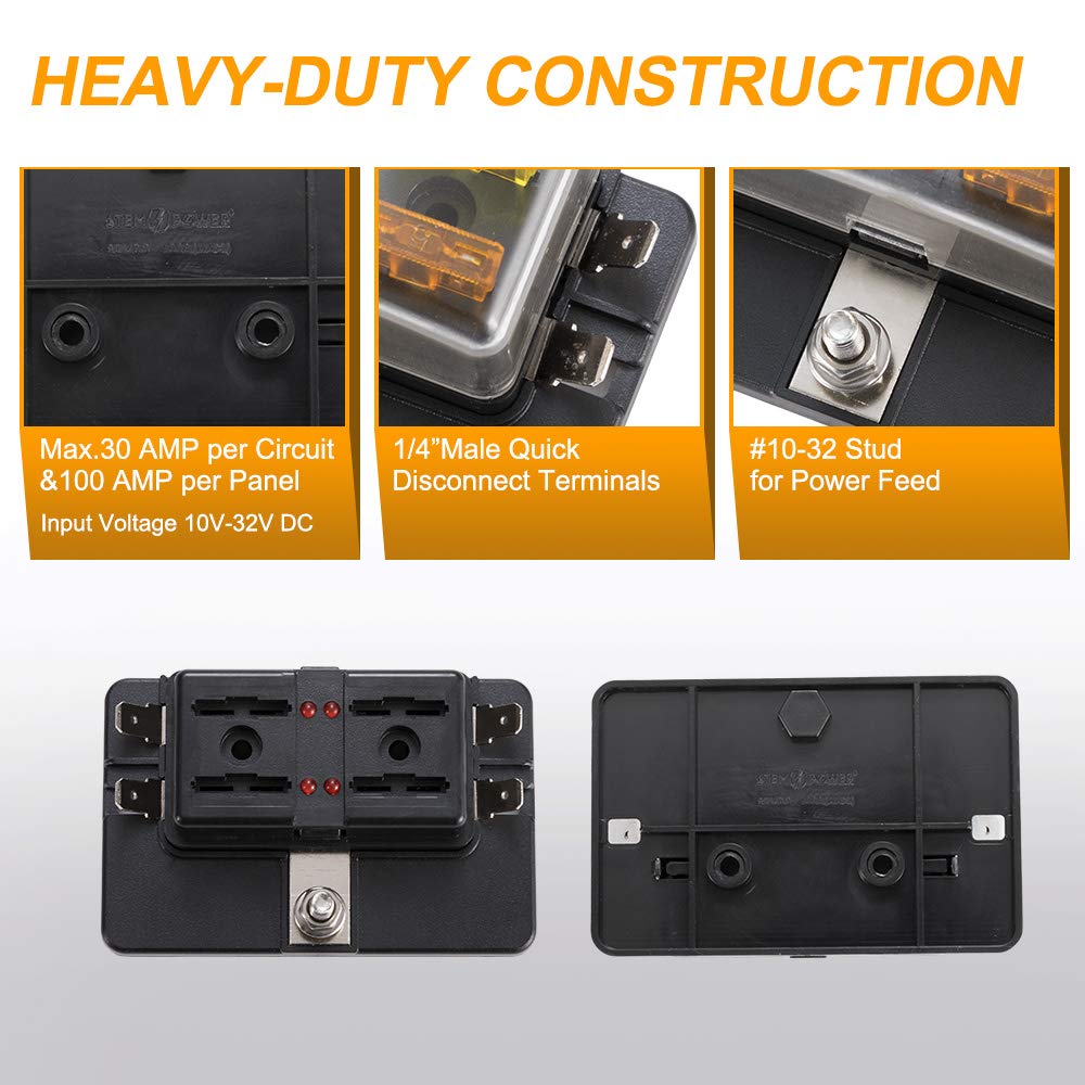 BUNKER INDUST 4-Way Blade Fuse Box with LED Indicator for Blown Fuse,Fuse Block Holder Box with Protection Cover for Car Boat Ma