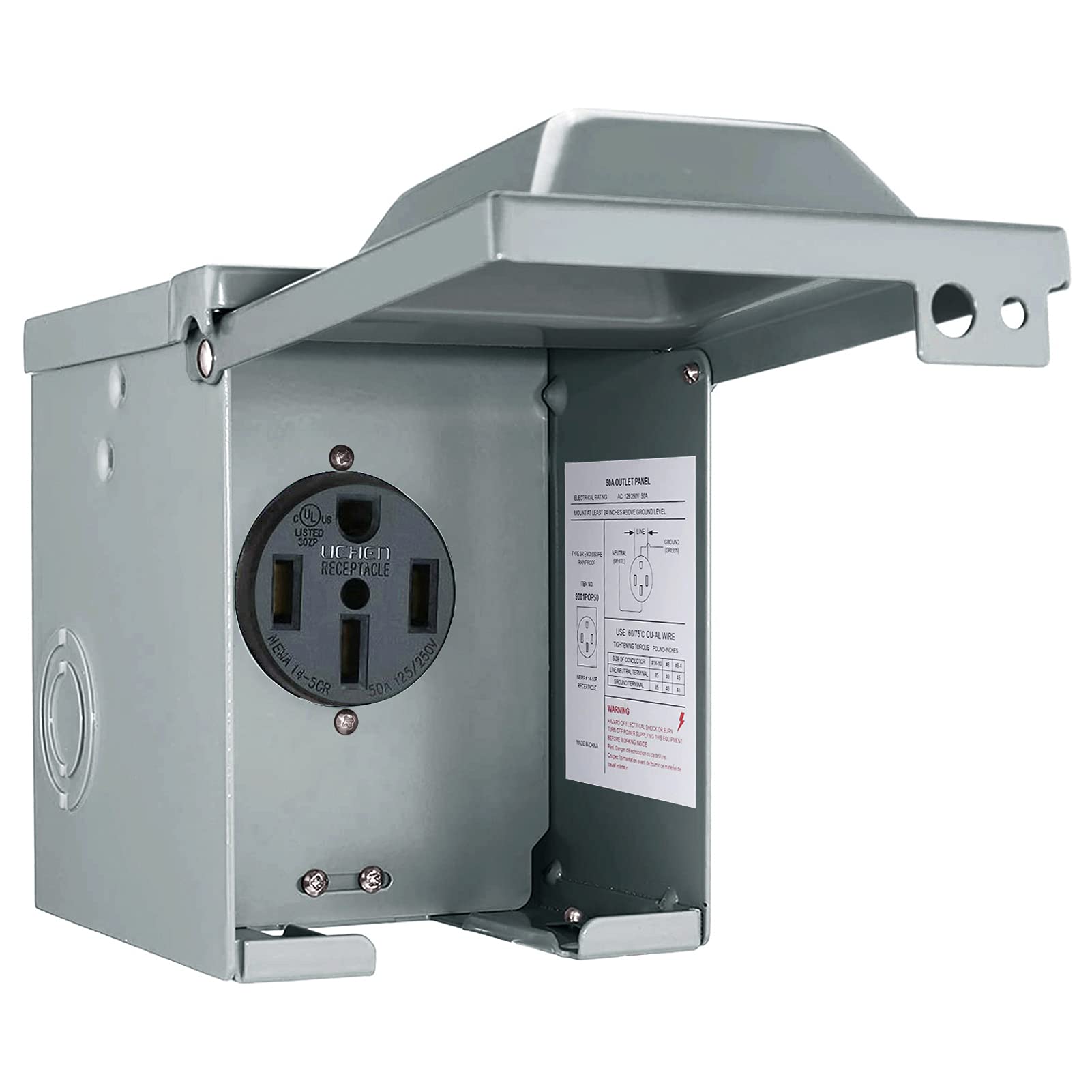 50 Amp 125/250 Volt Rv Power Outlet Box, Enclosed Lockable Weatherproof Nema 14-50R Outdoor Electrical Receptacle Panel, 50 Amp