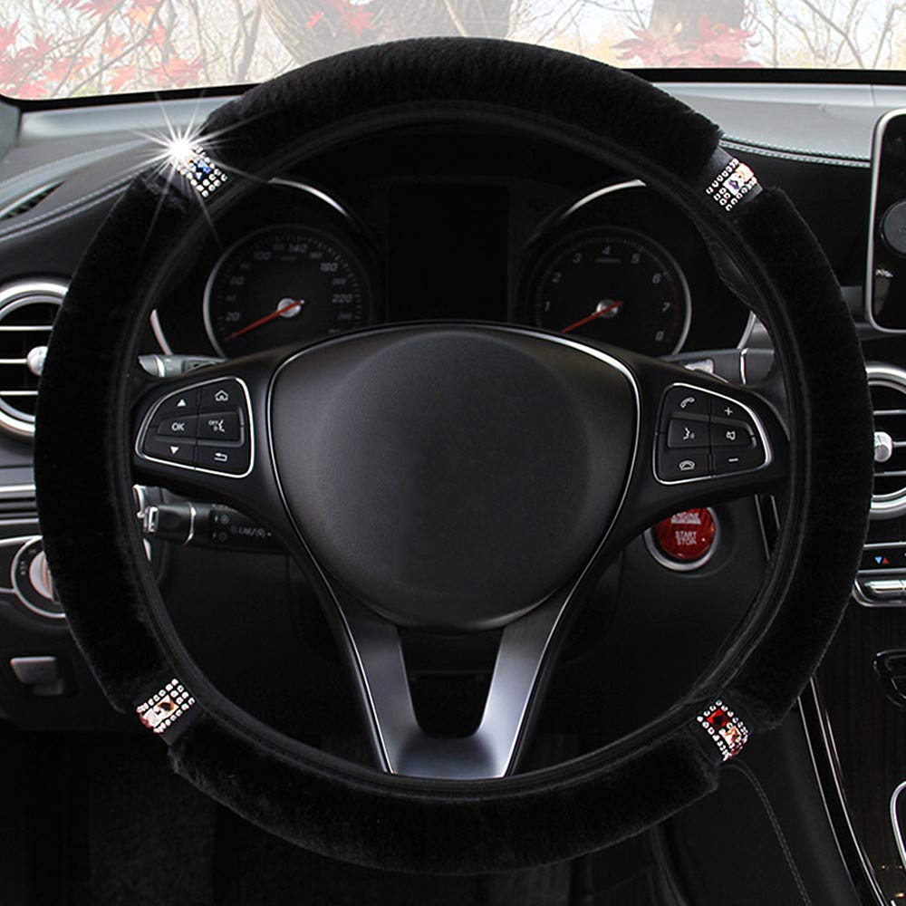 Labbyway Steering Wheel Cover For Winter Warm, Fluffy Pure Australia Sheepskin Wool, With Bling Bling Crystal Rhinestones For Wo