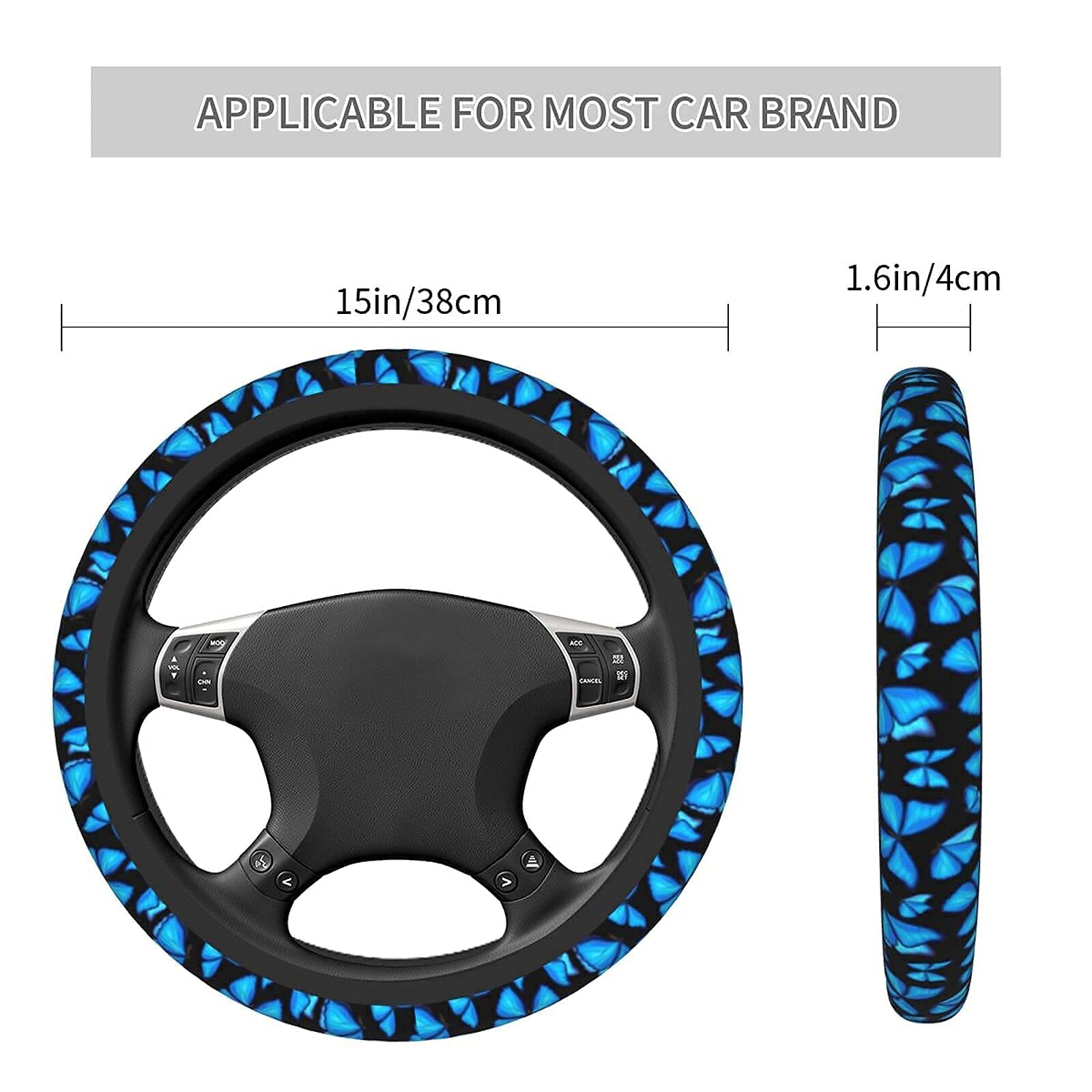 KUOAICY Blue Butterfly Neoprene Steering Wheel Cover 15 inch Non-Slip Universal for Car – Black18