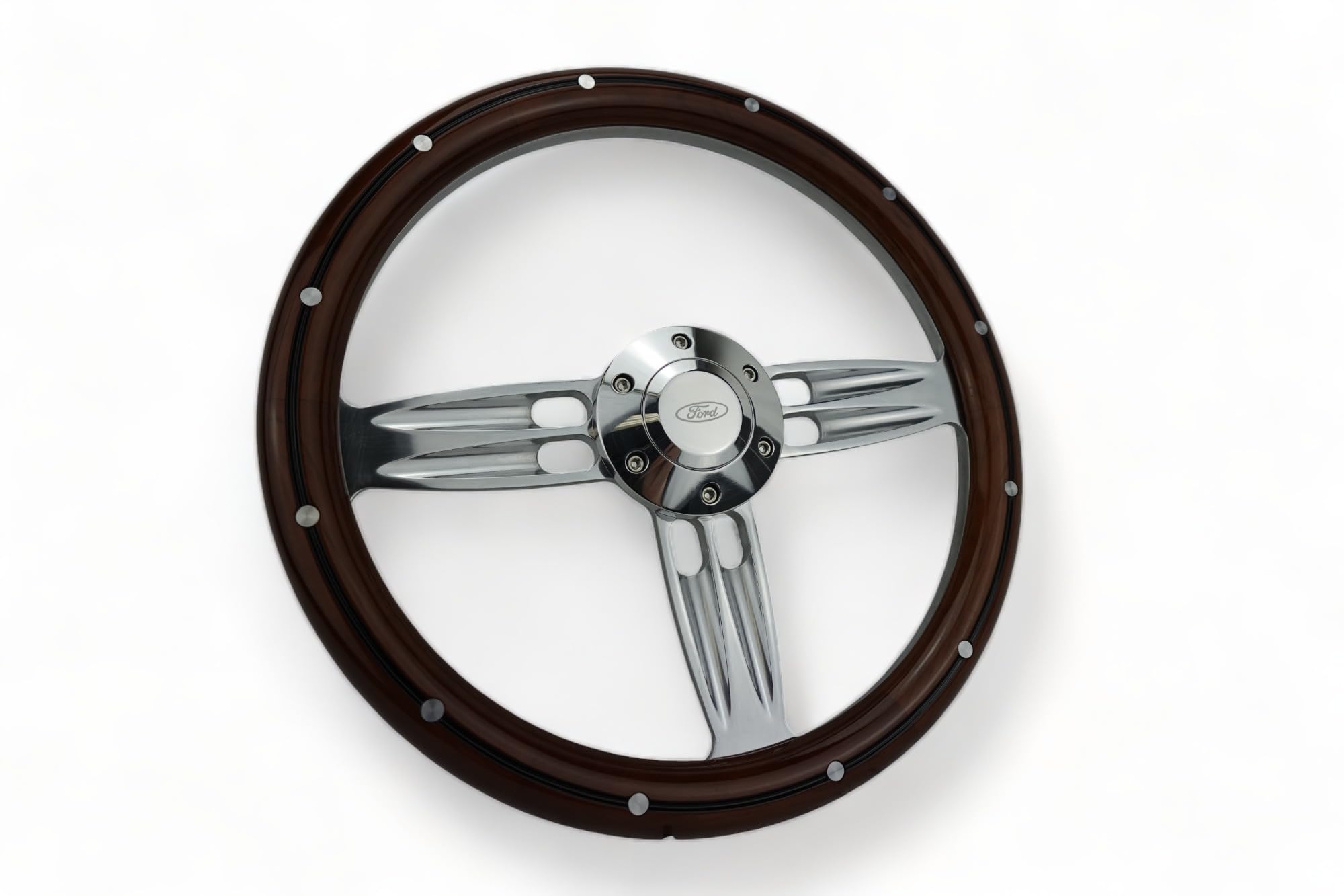 New World Motoring 14" Billet Steering Wheel, Mahogany Wood Half Wrap, Compatible with Ford Bronco F100 F150 CARS TRUCKS