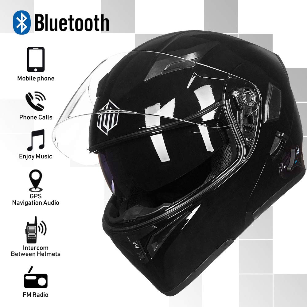 ILM Bluetooth Motorcycle Helmet Modular Flip up Full Face Dual Visor Mp3 Intercom FM Radio DOT Model 902BT(Gloss Black, 2XL)