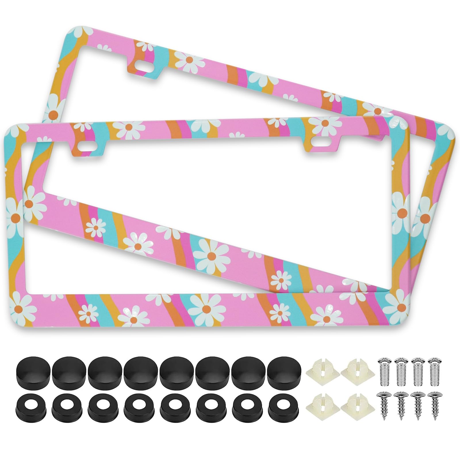 Summer Daisy Flowers Waves License Plate Frames, 2 Pack Summer Daisy Car Plate Frame, Stainless Steel License Plate Holders Cove