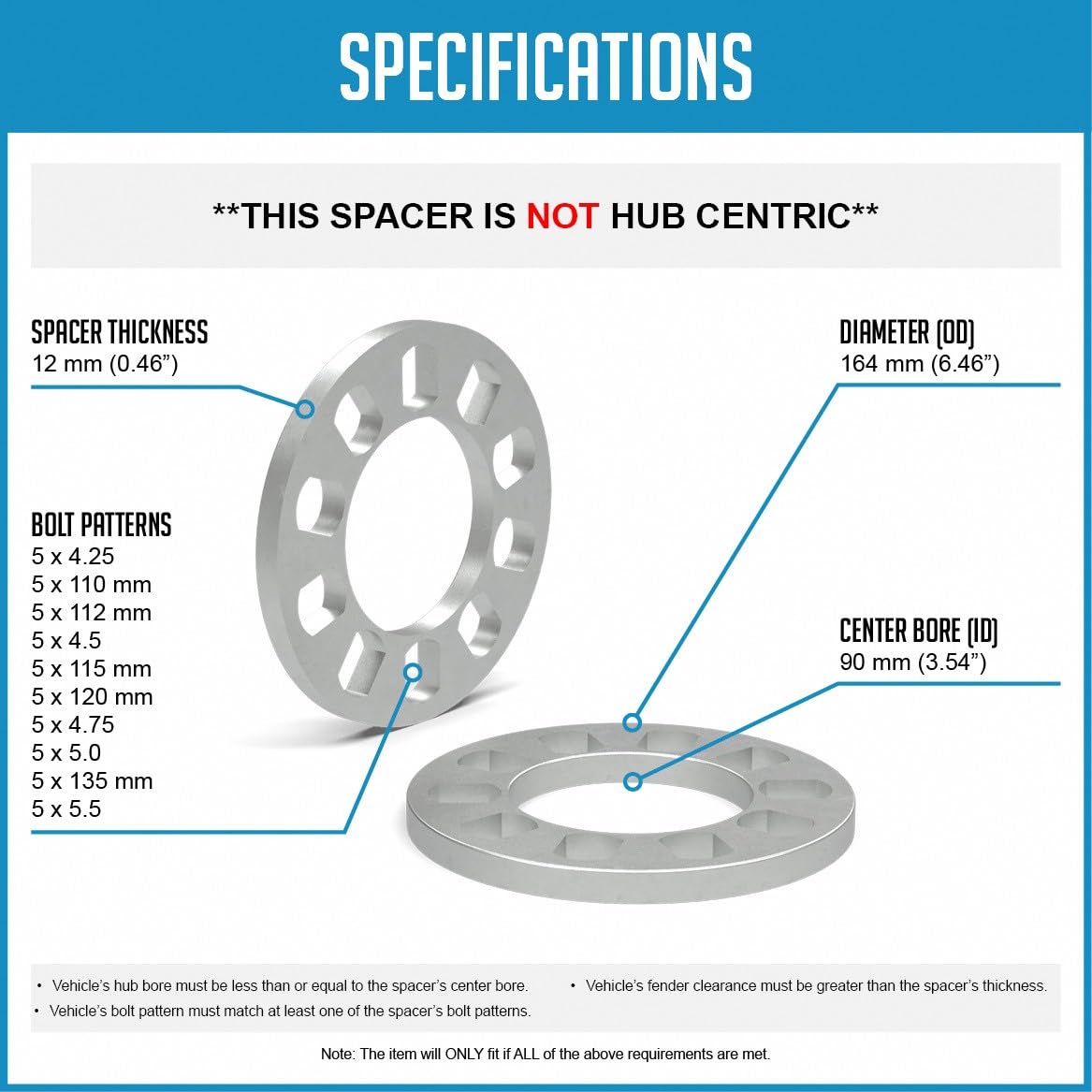 Wheel Accessories Parts 4 Pcs Die Cast Wheel Spacers 12Mm 1/2'' Thick Fits Bolt Patterns 5X4.25 5X110 5X112 5X4.5 5X115 5X120 5X