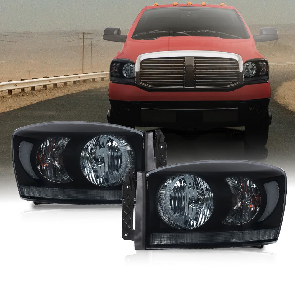 G-Plus Front Headlights Lamp W/Bulbs Pair, Fit For Dodge Ram 1500 2500 3500 Truck 2006 2007 2008 2009,Ch2518114 Ch2519114 Smoke
