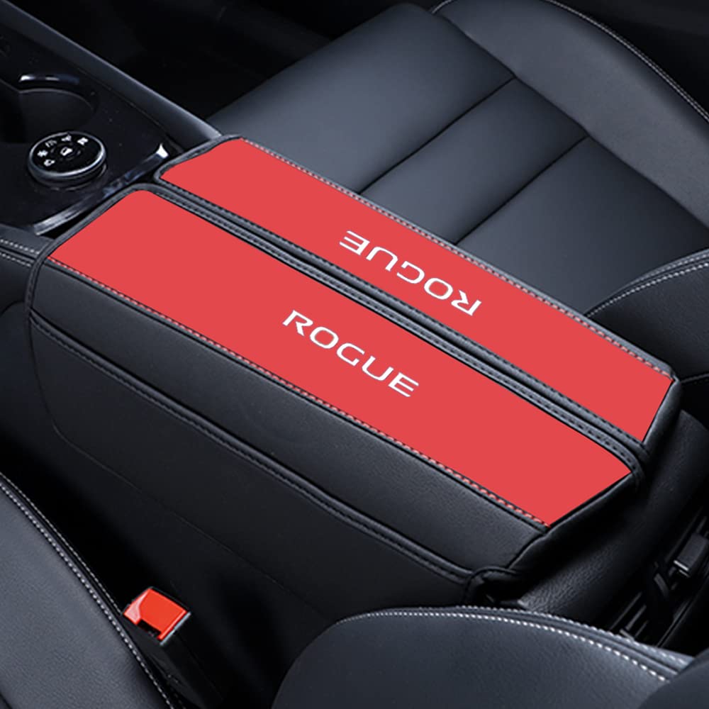 Xiter 1Pc Leather Center Console Armrest Cover With Side Pockets For Nissan Rogue 2021 2022 2023 2024 2025 Accessories(Black+Red