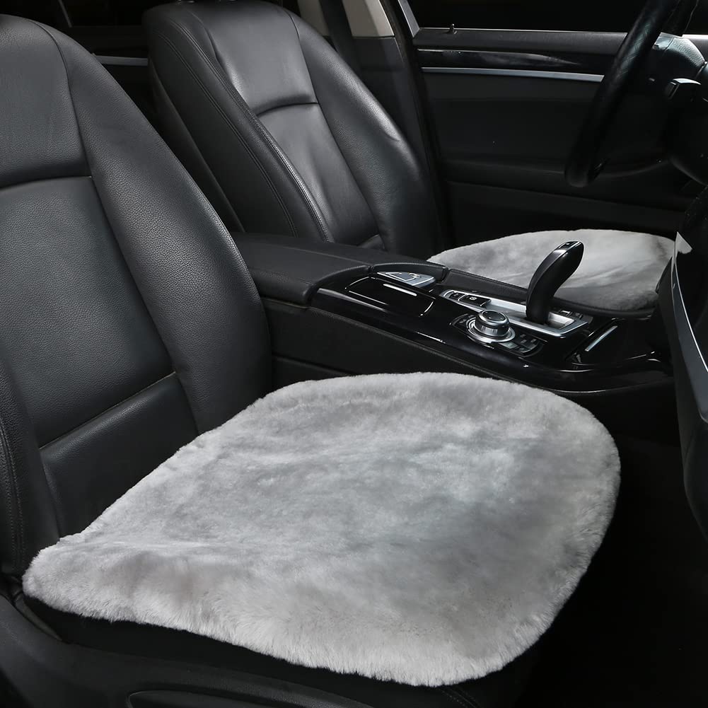 Llb Genuine Sheepskin Car Seat Cushion, Comfort Auto Seat Pad, Fluffy Real Wool, Warm Office Chair Car Mat With Non-Slip Backing Universal Fit, 19.2 X 19.2 Inches (Grey, Front Seat Cushions-2 Pcs)