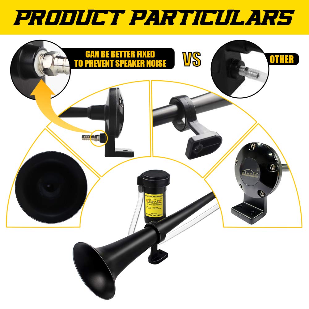 GAMPRO 12V Chrome Zinc Car Air Horn - 150DB Single Trumpet, 18 Inches, Black, Model GAM-DG-CBL for Trucks, Boats, Cars