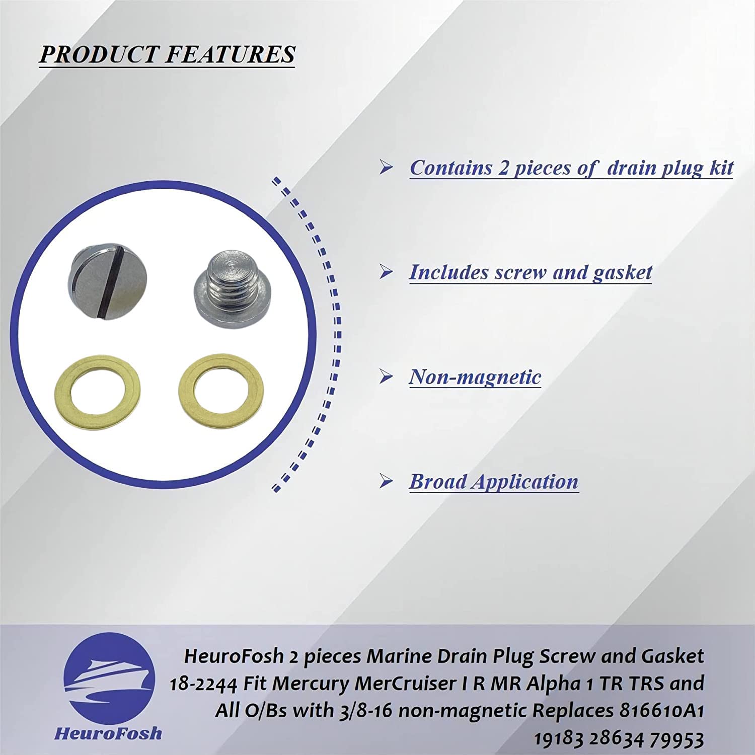 HeuroFosh 2 PCS 79953Q04 Marine Lower Unit Oil Drain Plug Screw and Gasket Fit Mercury MerCruiser I R MR Alpha 1 TR TRS and All