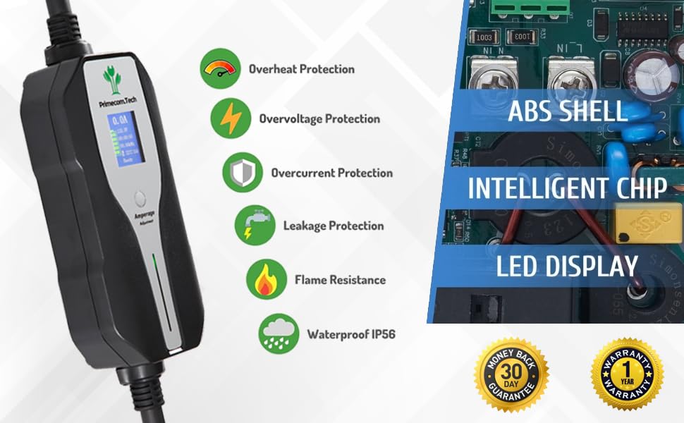 PRIMECOMTECH Level 2 Electric Vehicle (EV) Charger Amperage Adjustable (10Amp - 16Amp - 20Amp - 24Amp - 32Amp) 30Ft Cable EVSE P