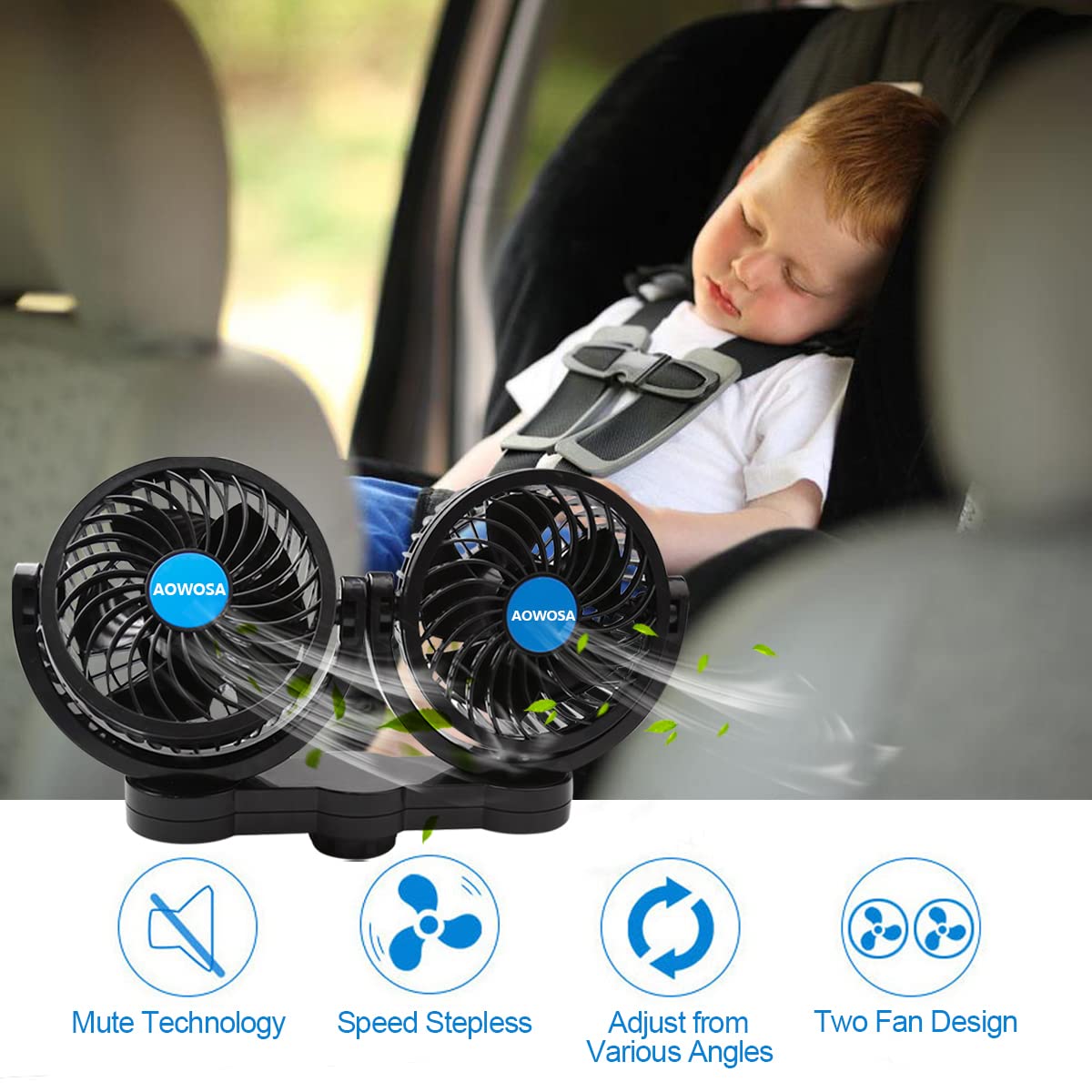 Aowosa Car Fan For Backseat Auto 12V Electric Cooling Fan Portable Car Seat Headrest For Sedan Suv Rv Boat, With 360 Rotatable D