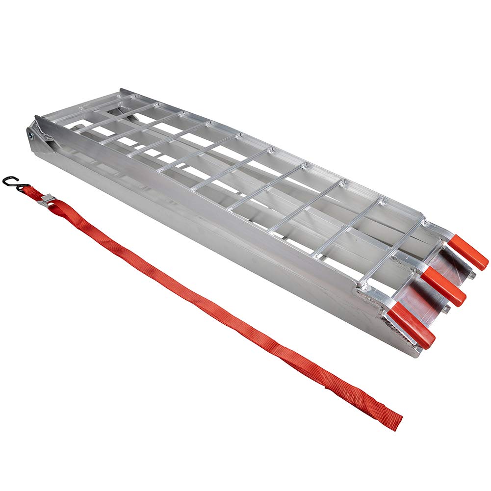 Pit Posse PP2755 Aluminum Folding Truck Ramp - 7.5ft, 750lbs Capacity, Silver, Includes Bonus Strap Tie-Down for Motorcycle Loading