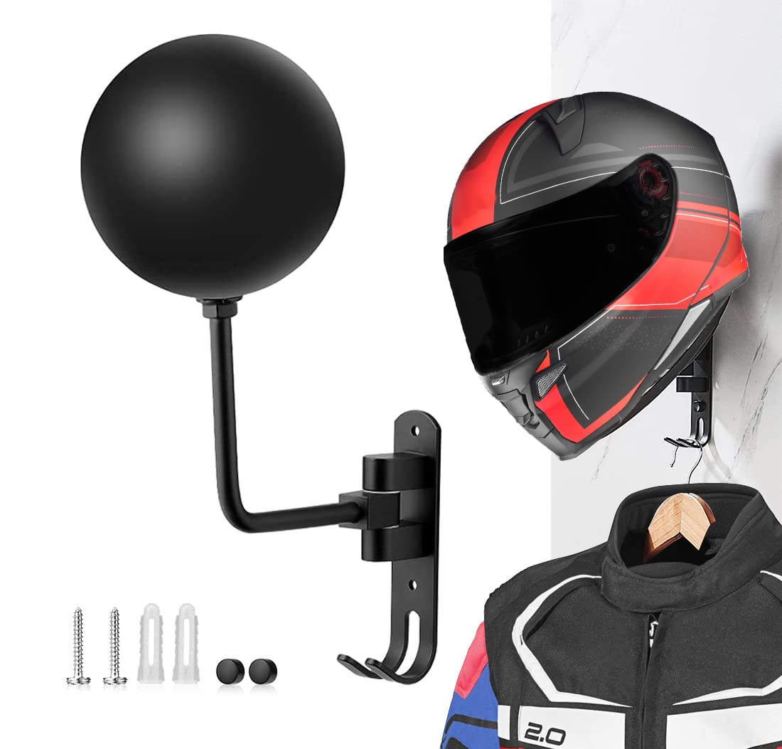 Sangmo 180? Motorcycle Helmet Rack, Rotation Metal Helmet Holder Wall Mounted Helmet Rack Motorcycle With 2 Hooks Helmet Hanger