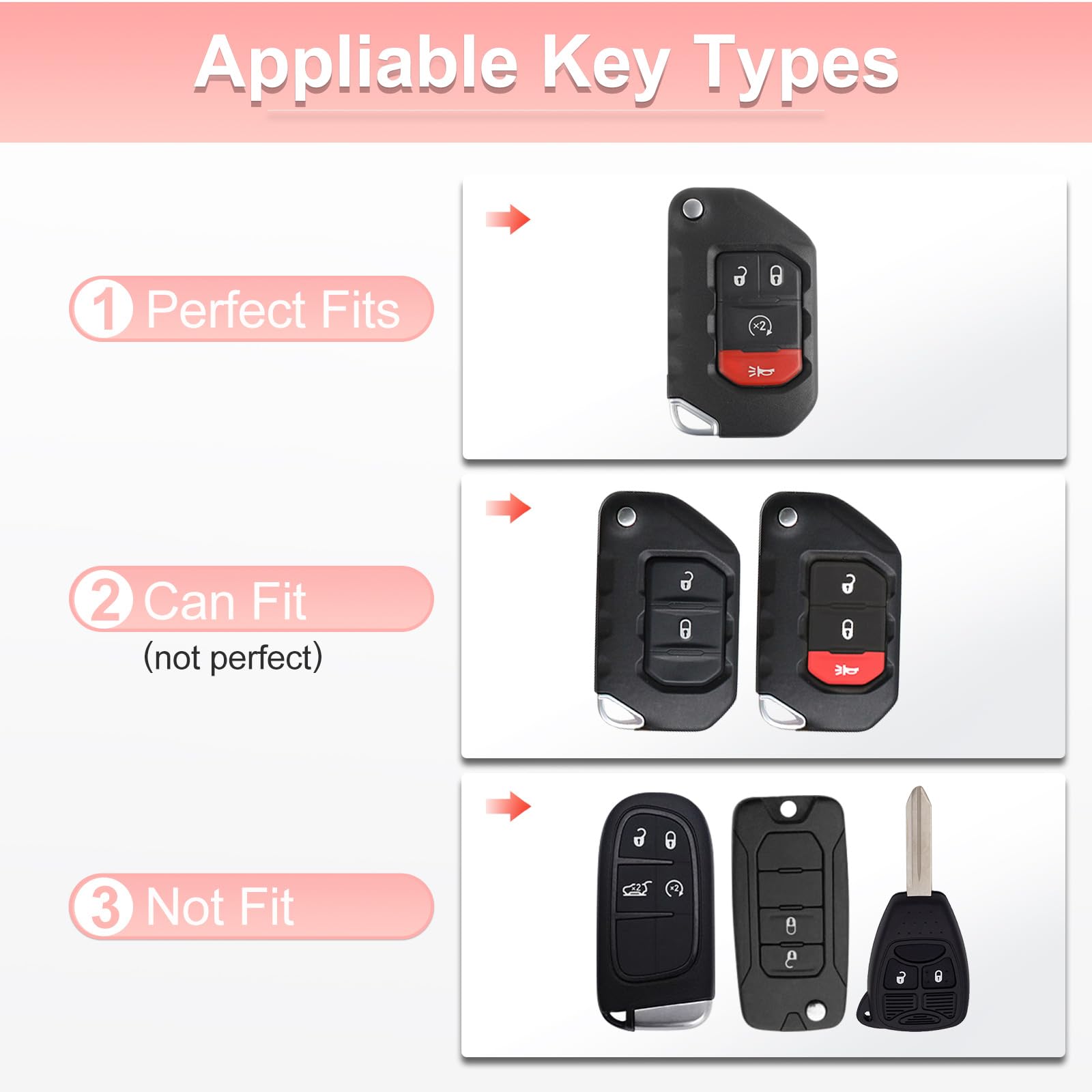 Pangpai TPU Key Fob Cover for Jeep Gladiator/Wrangler, Pink with Bling Keychain, Fits 2018-2022 Models