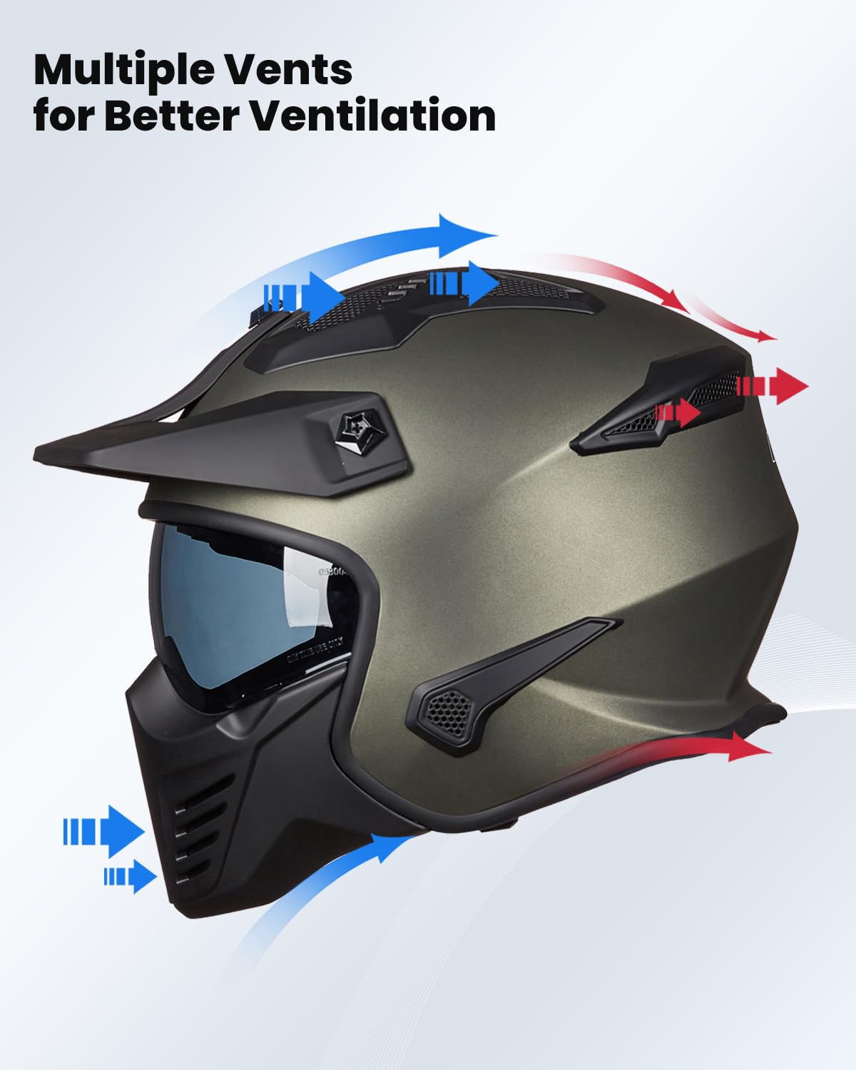 ILM Open Face 3/4 Motorcycle Helmet DOT Model 726X, XX-Large, Midnight Green, ABS Material, Ideal for Dirt Bike, ATV, UTV, Scooter