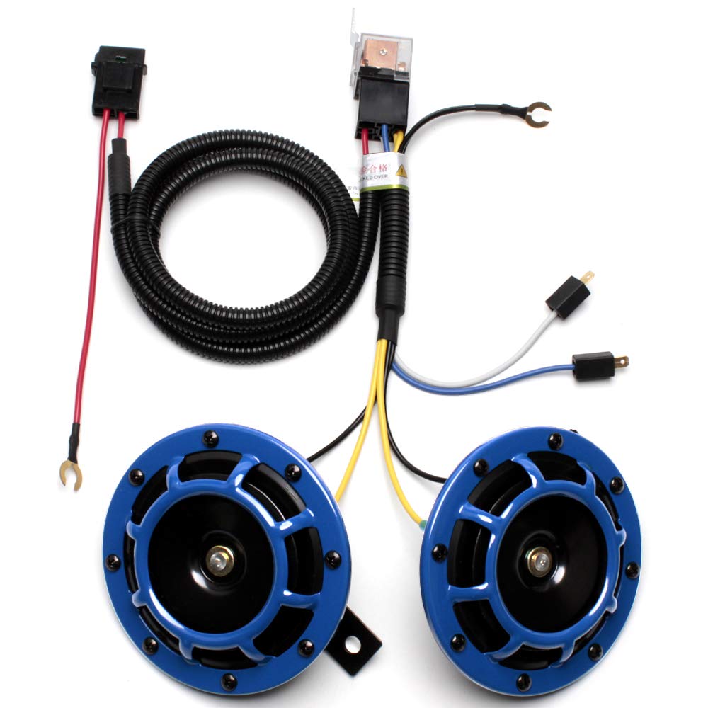 FARBIN Waterproof Car Horn Kit - 12V Loud Twin Metal Horns with Relay Harness, Blue