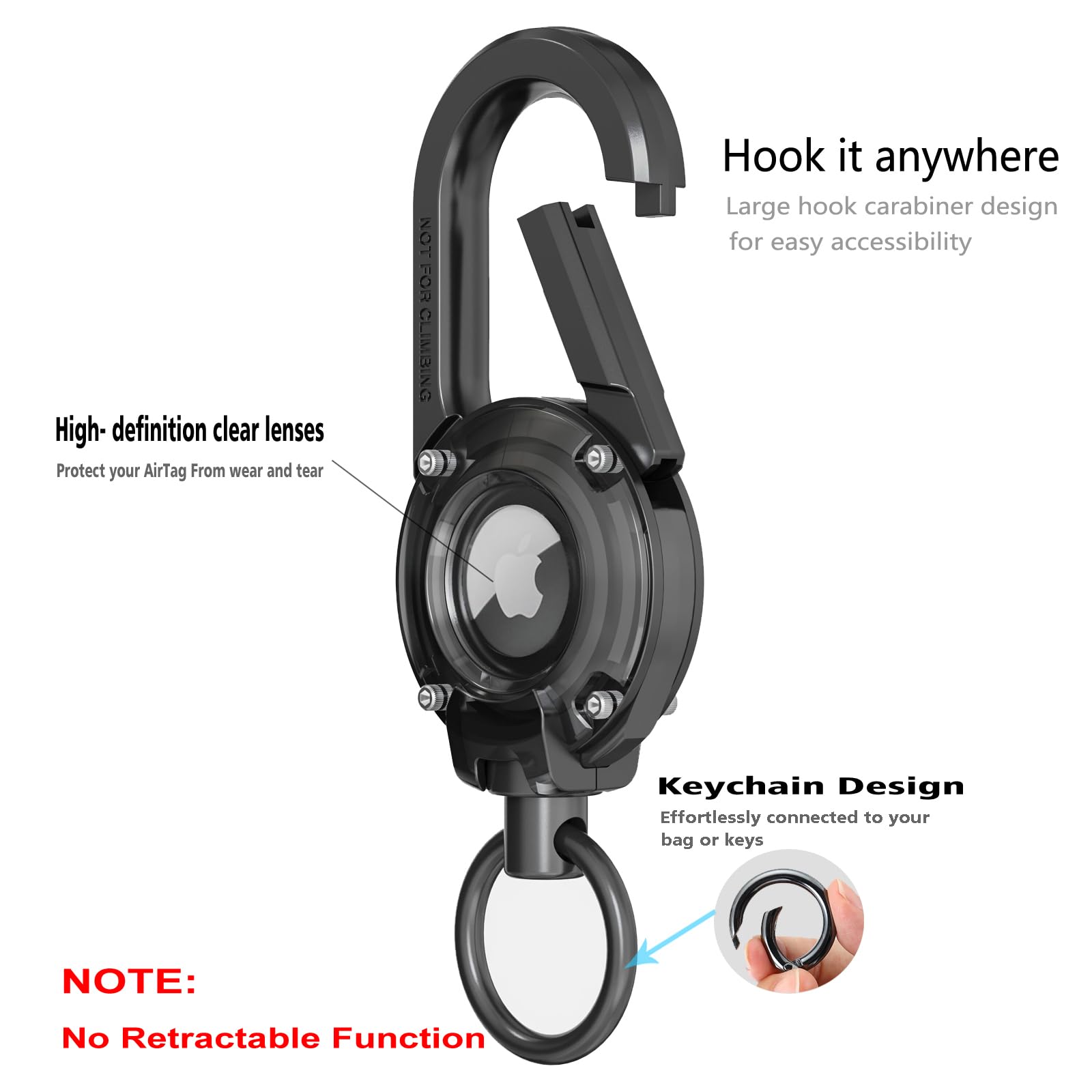 Eupterosaur Heavy Duty Carabiner Keychain with AirTag Holder, Aluminum, Black, 1 Pack