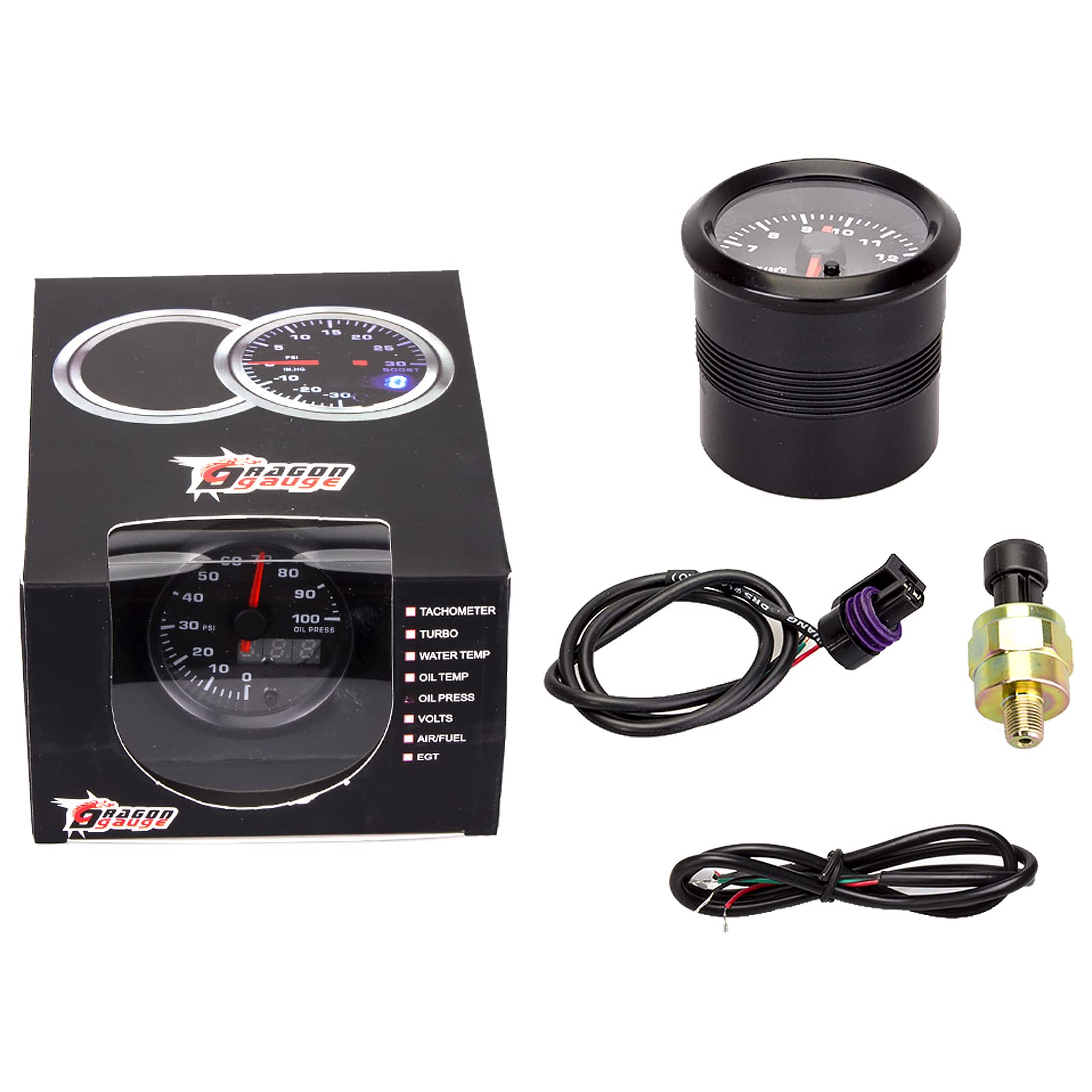 2-1/16'' 52mm Oil Pressure Gauge Kit 7 Color 0 to 100 PSI Pointer & LED Digital Readouts Black Dial - Clear Lens Fit for 12V Car